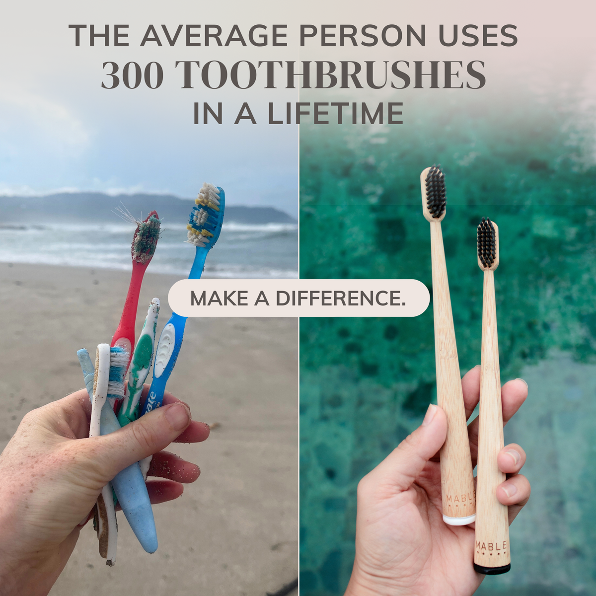 Plastic toothbrushes next to MABLE bamboo toothbrushes, illustrating toothbrush waste