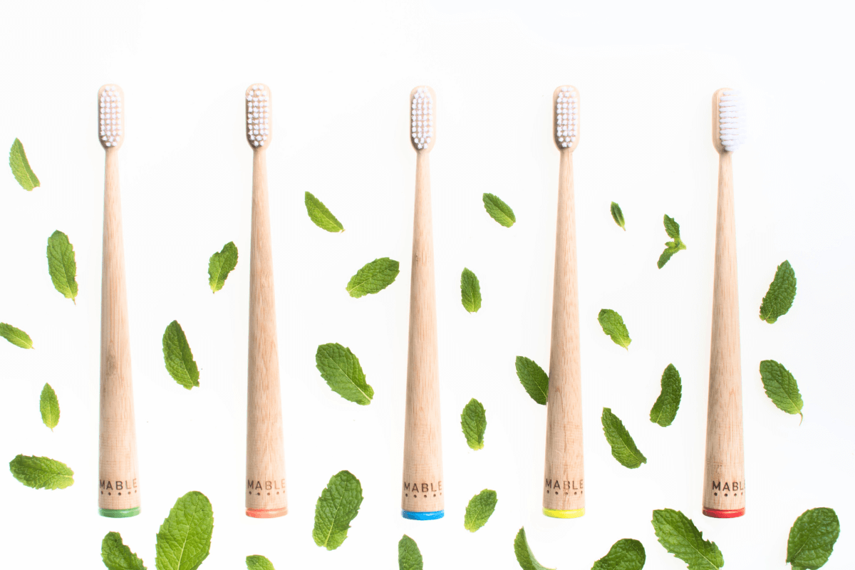Natural Toothbrush by MABLE, Self-standing bamboo toothbrush, compostable bamboo toothbrush base with non-toxic soft bristles