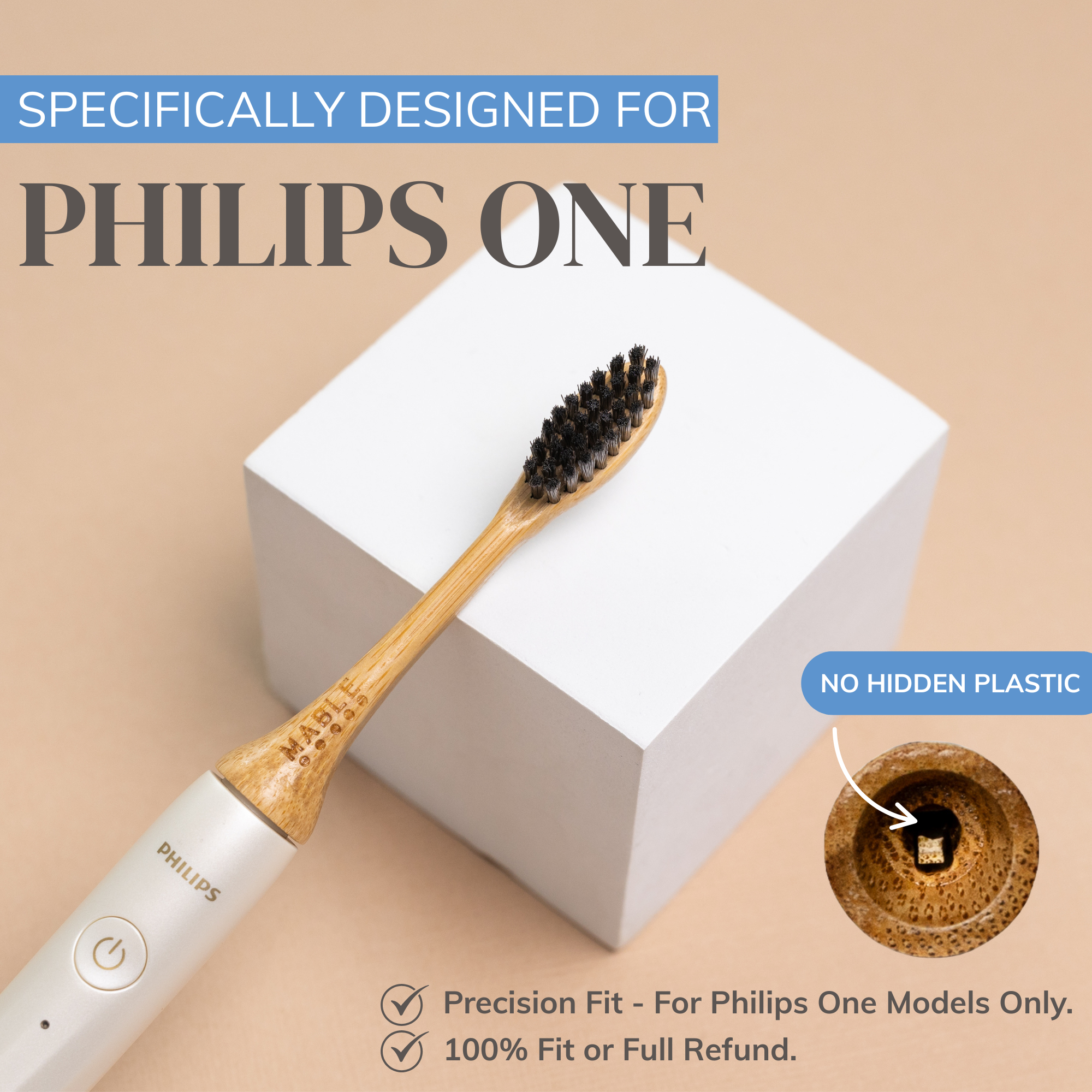 MABLE bamboo toothbrush head close up image showing electric heads connected to the Philips one dental tool with wooden head on a beige background with the words Specifically designed for Philips one, no hidde plastic