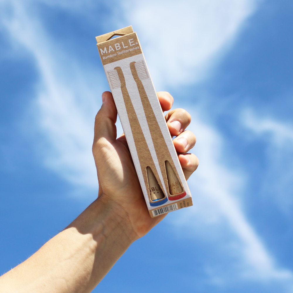 Mable Bamboo toothbrush, mable plastic-free packaging, recyclable packaging, printed with soy inks or uv printed, sustainable packaging