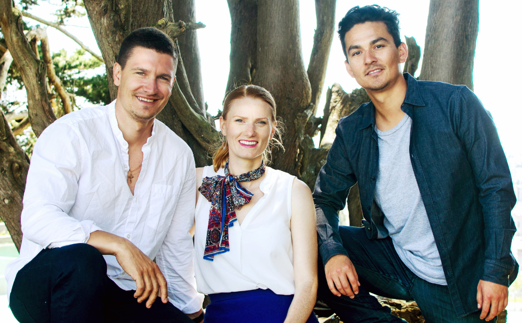 MABLE toothbrush founders Alexey, Emma and Gilmar with a tree backdrop
