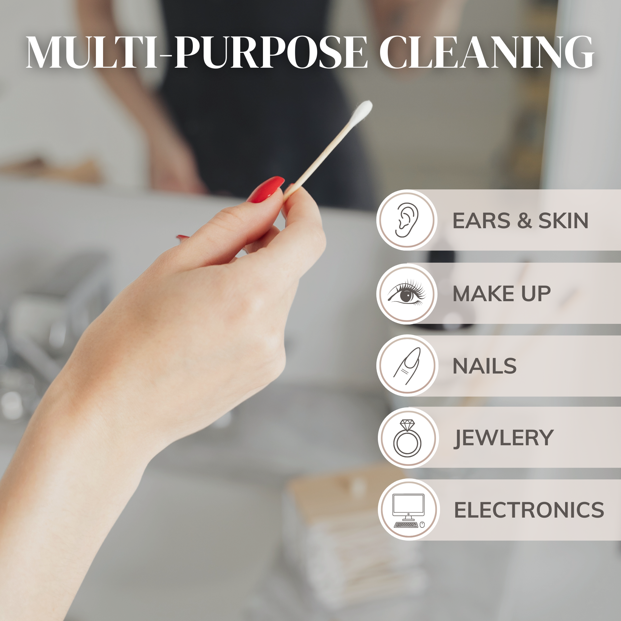 MABLE multipurpose cleaning cotton swabs, ear swab being held by a female hand with symbols for use on ears and skin, makeup, nails, jewelry or cleaning electronics