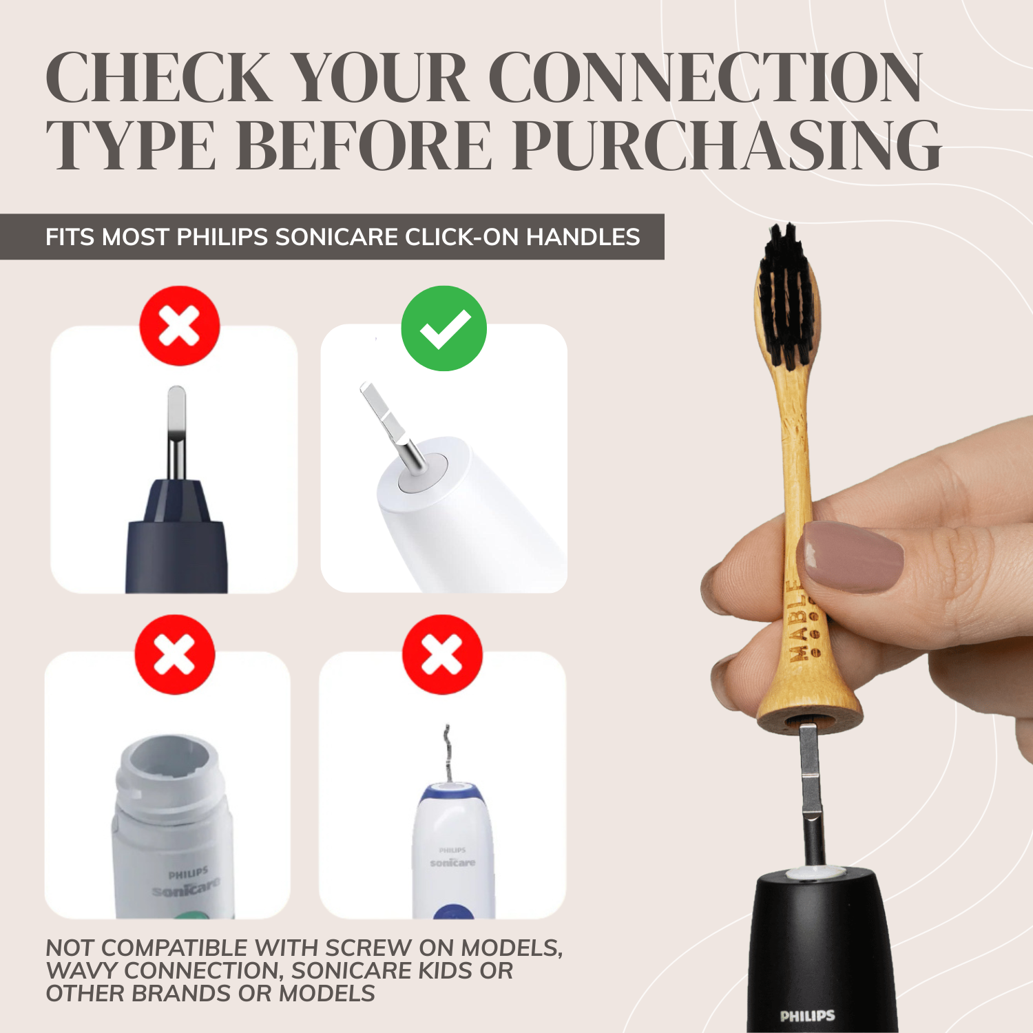 MABLE Bamboo Toothbrush heads for Sonicare models shows which connection type fits your electric toothbrush
