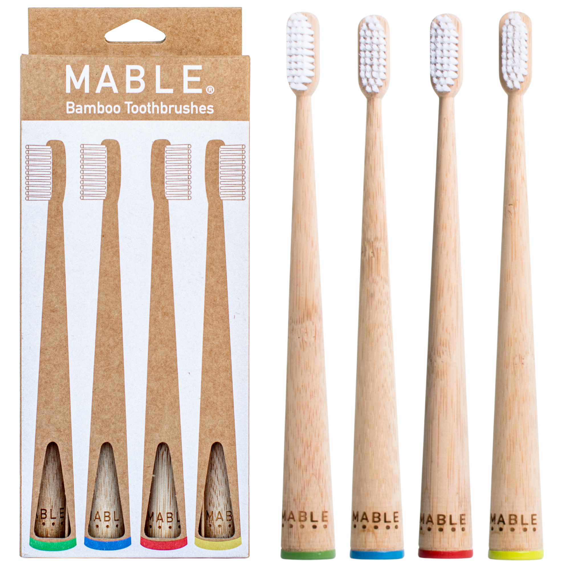 MABLE® Four Pack bamboo toothbrushes: Contain four of our ergonomic, self-standing bamboo toothbrushes. Four packs available in adult and kids size: Get a pack of bamboo toothbrushes for Kids: they're naturally anti-bacterial and water resistant. The handles are 100% compostable and certified by the USDA as 100% biobased. Made from sustainably harvested bamboo certified by the FSC.