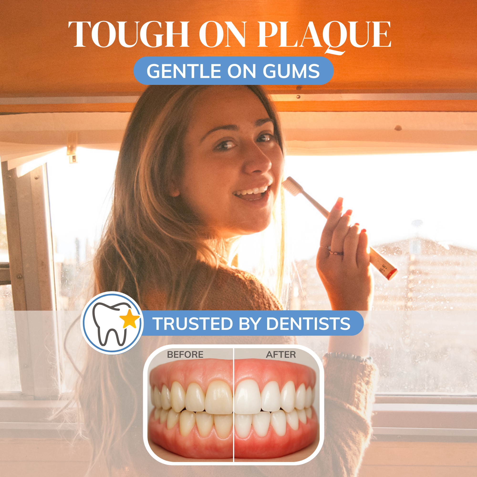 Woman using MABLE bamboo toothbrush with text 'Tough on Plaque, Gentle on Gums' and 'Trusted by Dentists'. With a before and after picture showing how MABLE natural toothbrush works on cleaning teeth effectively.