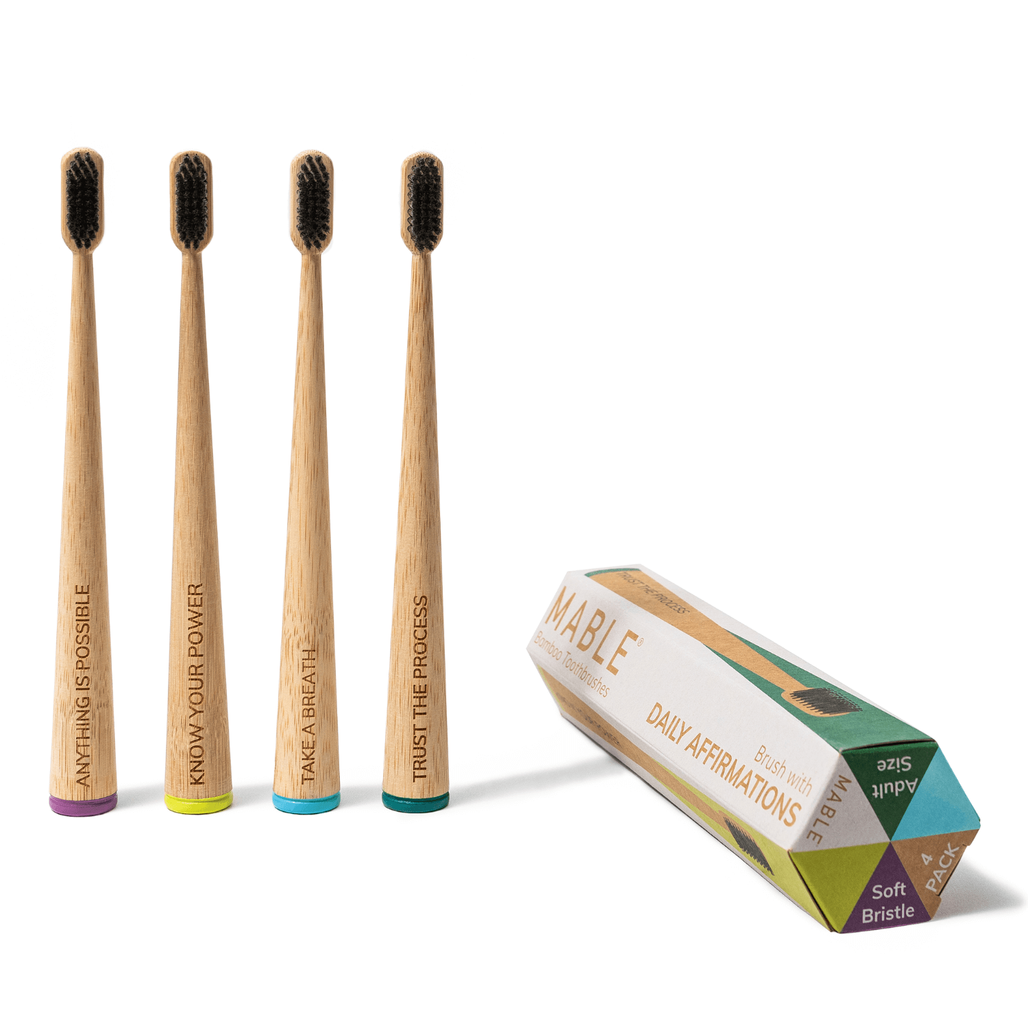 MABLE Affirmation Toothbrush Four Pack, Daily Affirmation Toothbrushes for self-care, Soft bristle natural toothbrush, plastic free-packaging in a unique hexagon shape
