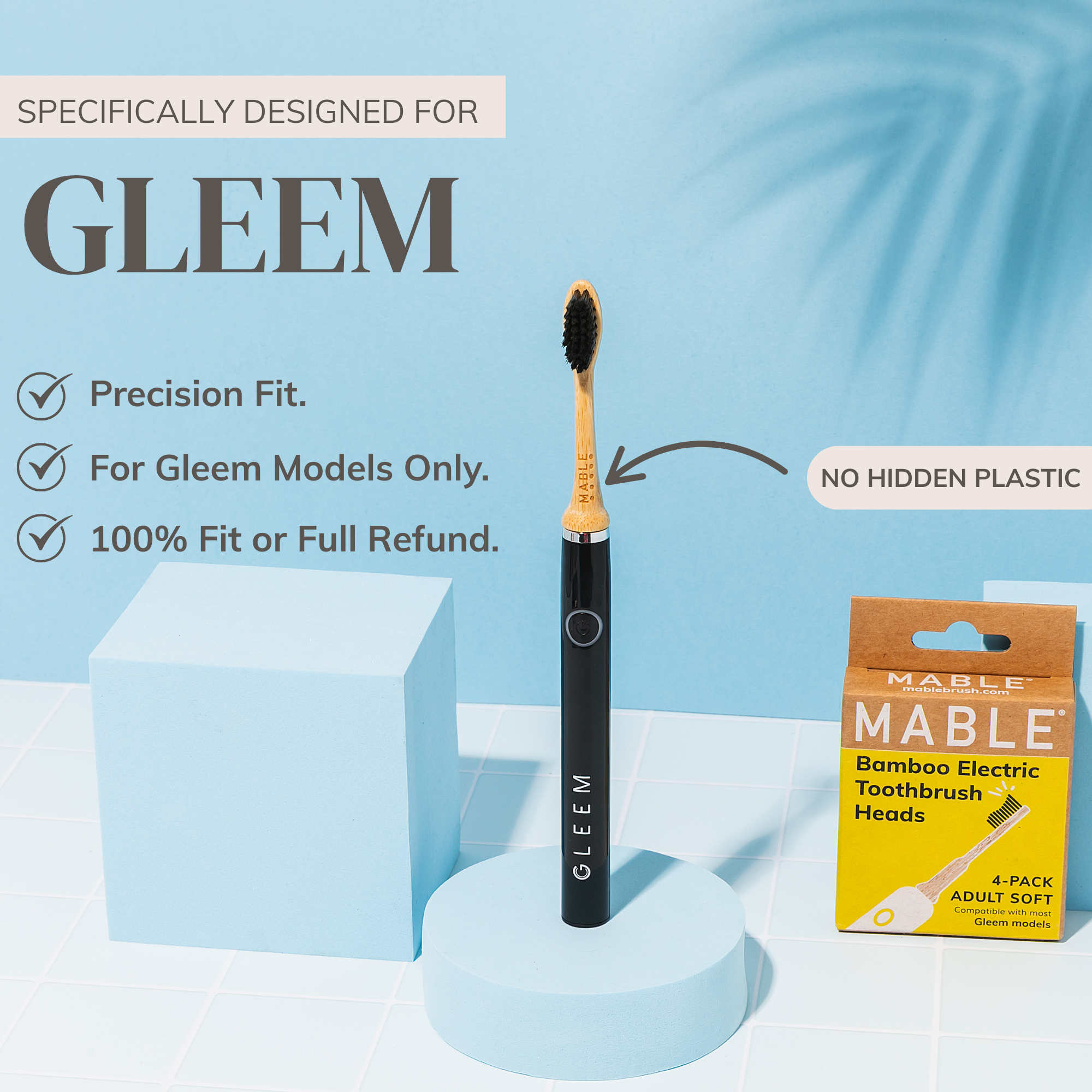 MABLE Electric toothbrush heads for Gleem model with packaging on a light blue background, featuring text about Gleem compatibility like precision fit, for Gleem models only, 100% fit or full refund
