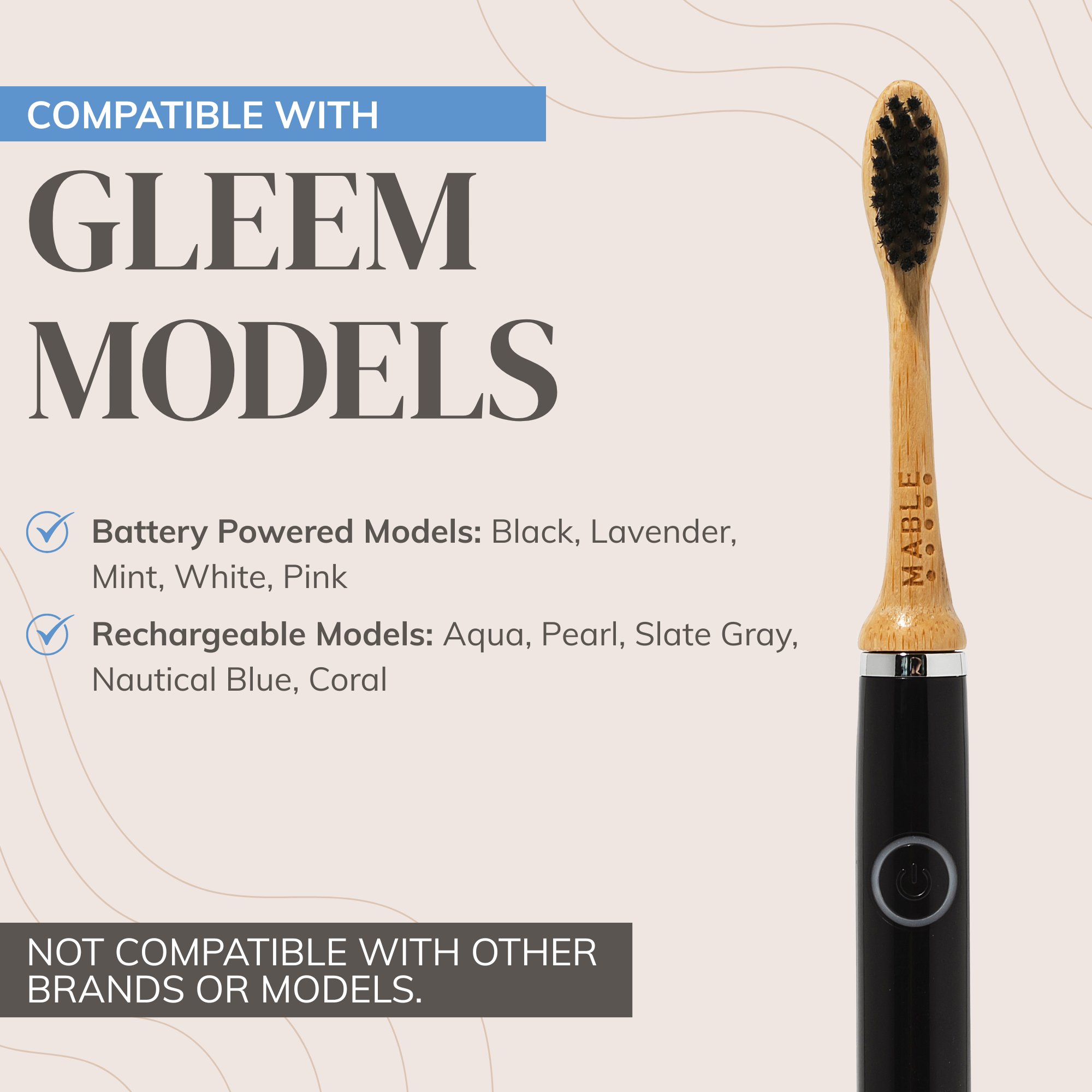 MABLE Bamboo toothbrush heads with compatibility information for Gleem models on a light background, works with battery and rechargeable Gleem electric toothbrush models