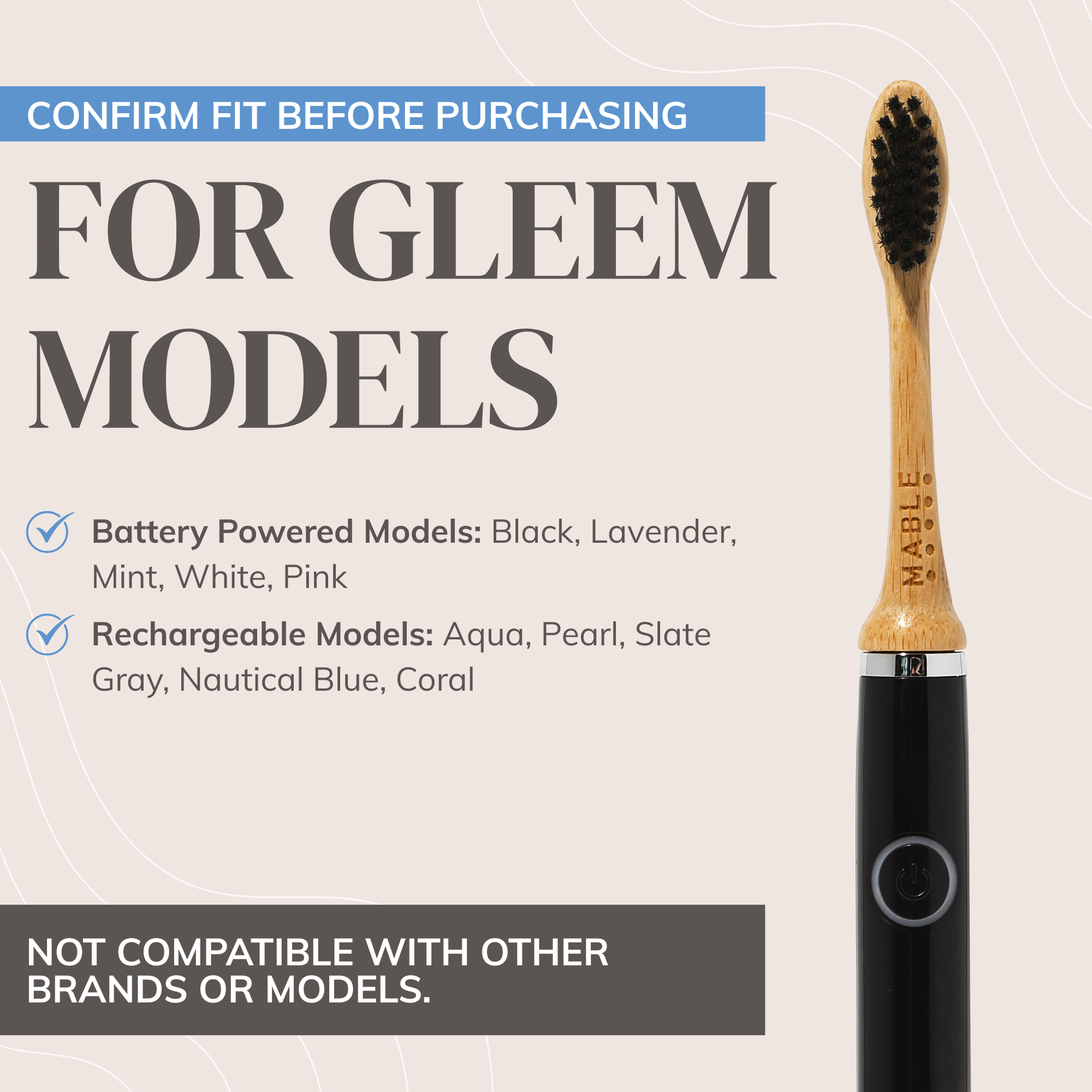 MABLE Bamboo toothbrush heads with compatibility information for Gleem models on a light background, works with battery and rechargeable Gleem electric toothbrush models