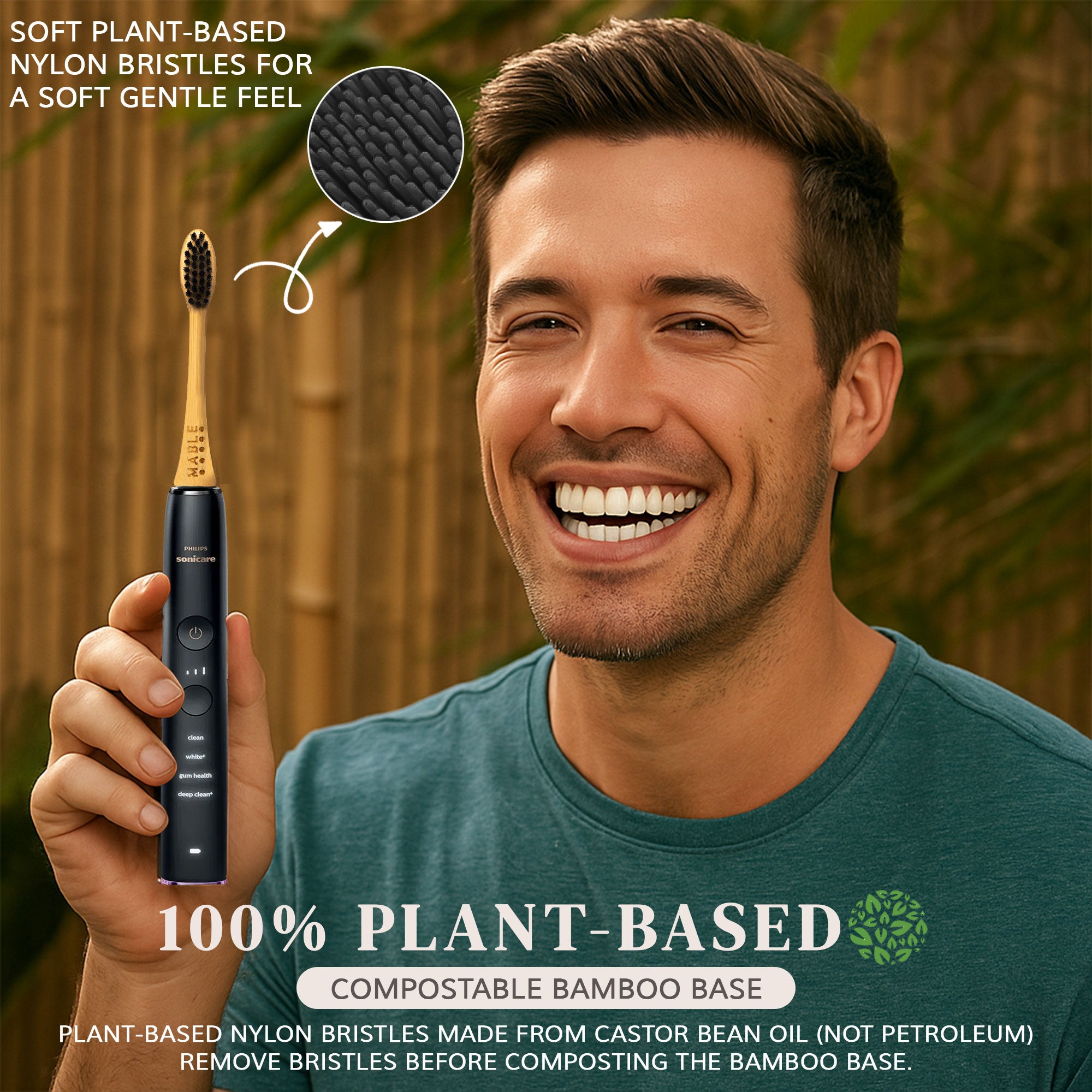Man holding a sonicare electric toothbrush with a MABLE bamboo head to replace plastic toothbrush heads, 100% plant-based toothbrush with soft plant-based bristles made from bean oil not petroleum