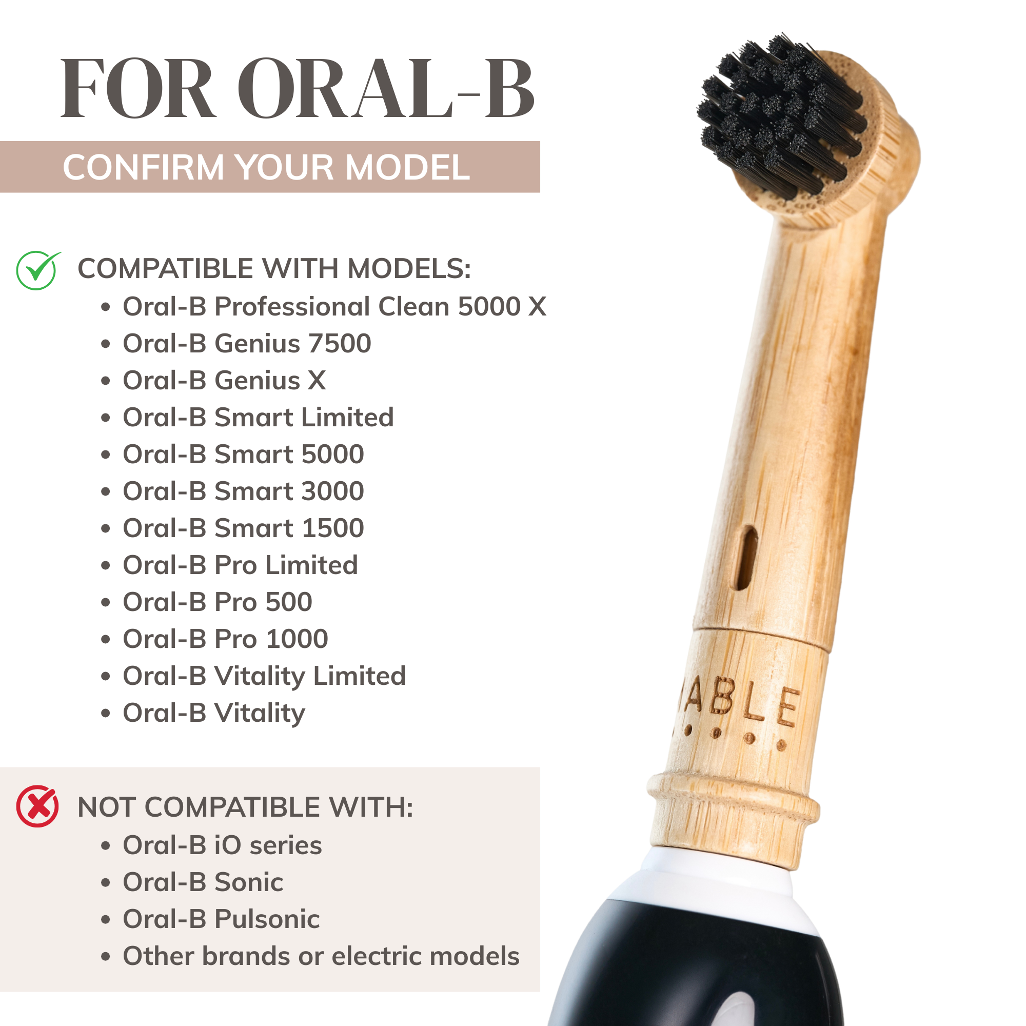 MABLE Bamboo toothbrush head for Oral-B toothbrush and compatibility list for Oral-B models on a white background