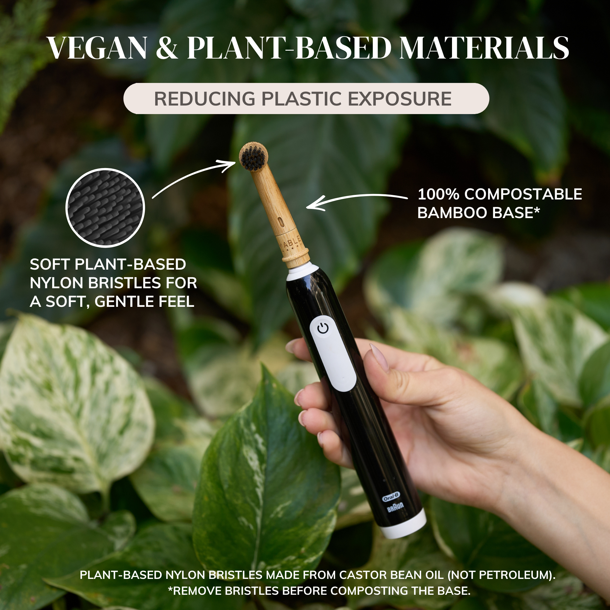 MABLE brush vegan & plant-based electric toothbrush head for Oral-B rotating model, a females hand holding the toothbrush on a green background with words 100% compostable base, soft plant-based bristles