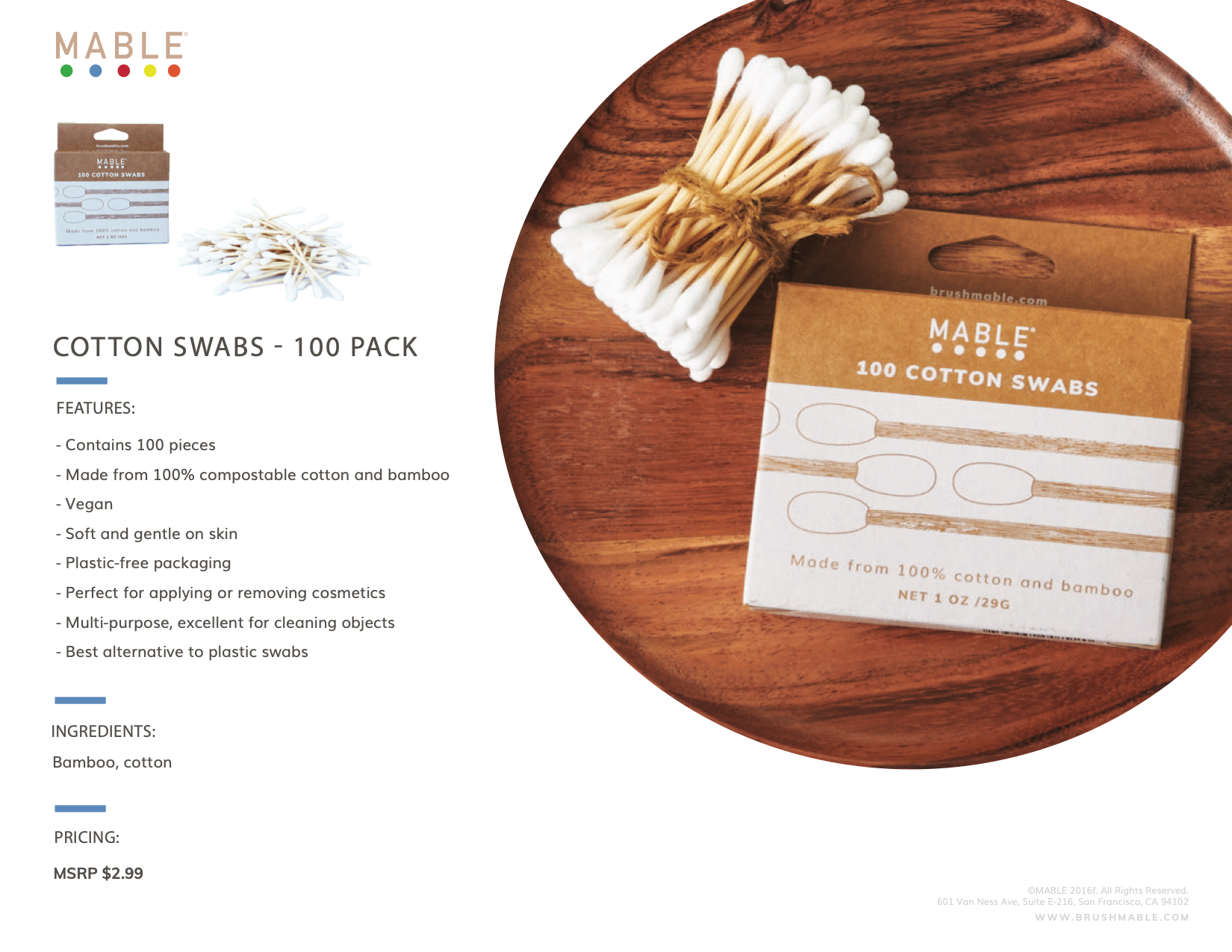 MABLE 100-pack cotton swabs made from compostable bamboo and cotton. The packaging highlights features such as being vegan, plastic-free, and gentle on the skin. A bundle of cotton swabs tied with twine is displayed on a wooden plate next to the product box