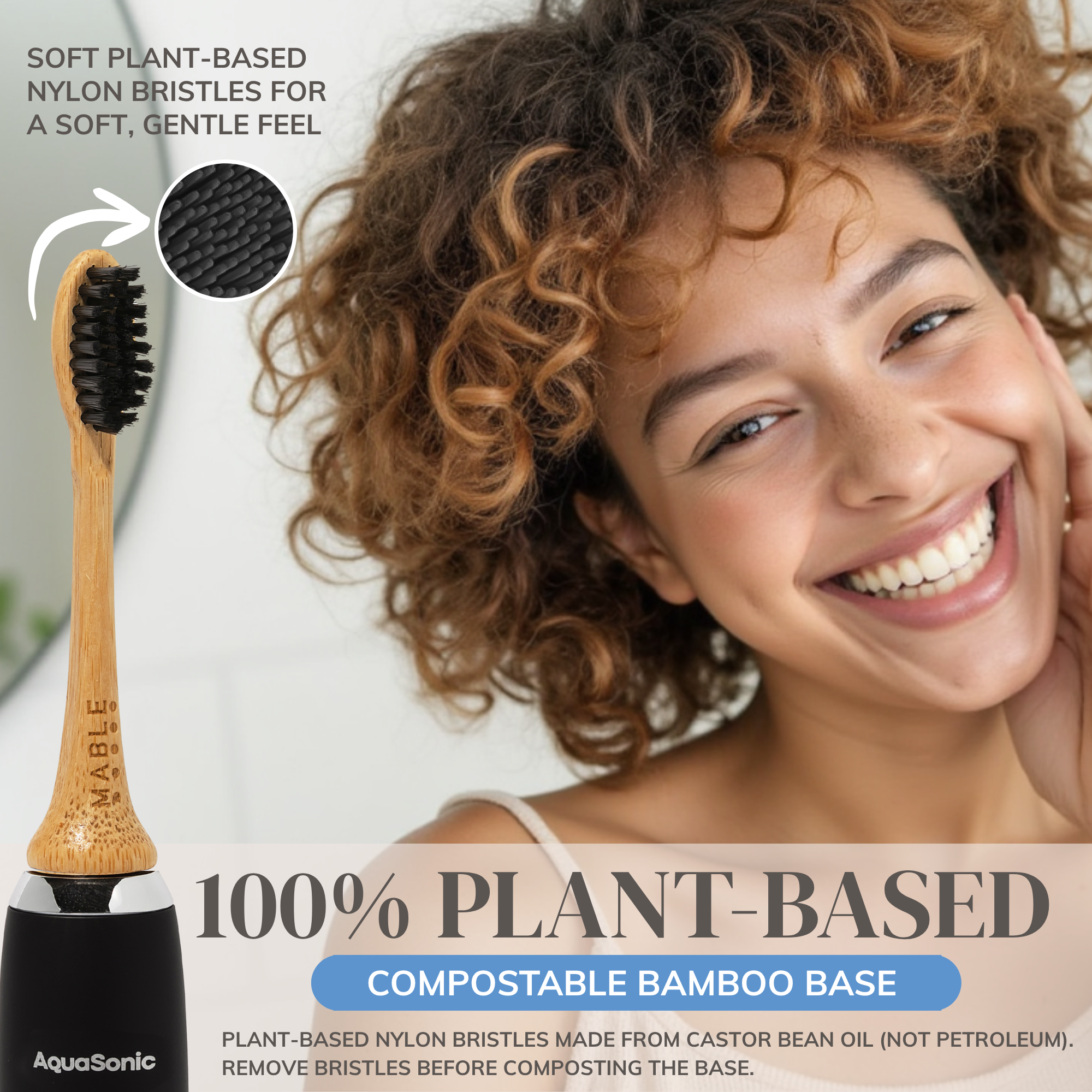 MABLE Bamboo electric toothbrush head with a woman smiling, highlighting plant-based and compostable features.