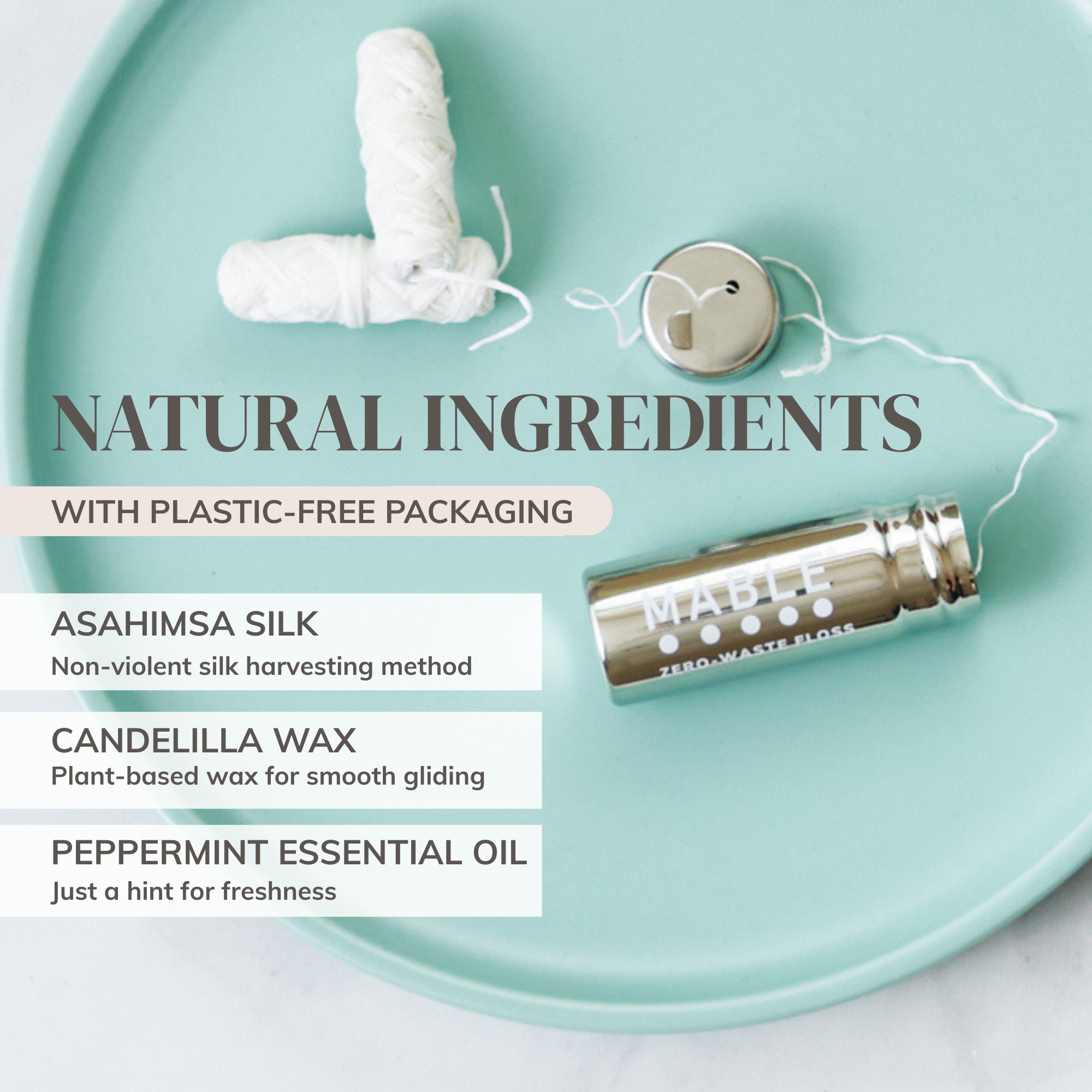 MABLE silk dental floss refill two pack has natural ingredients and plastic-free packaging, ingredients include Asahimsa silk candella wax peppermint essential oils