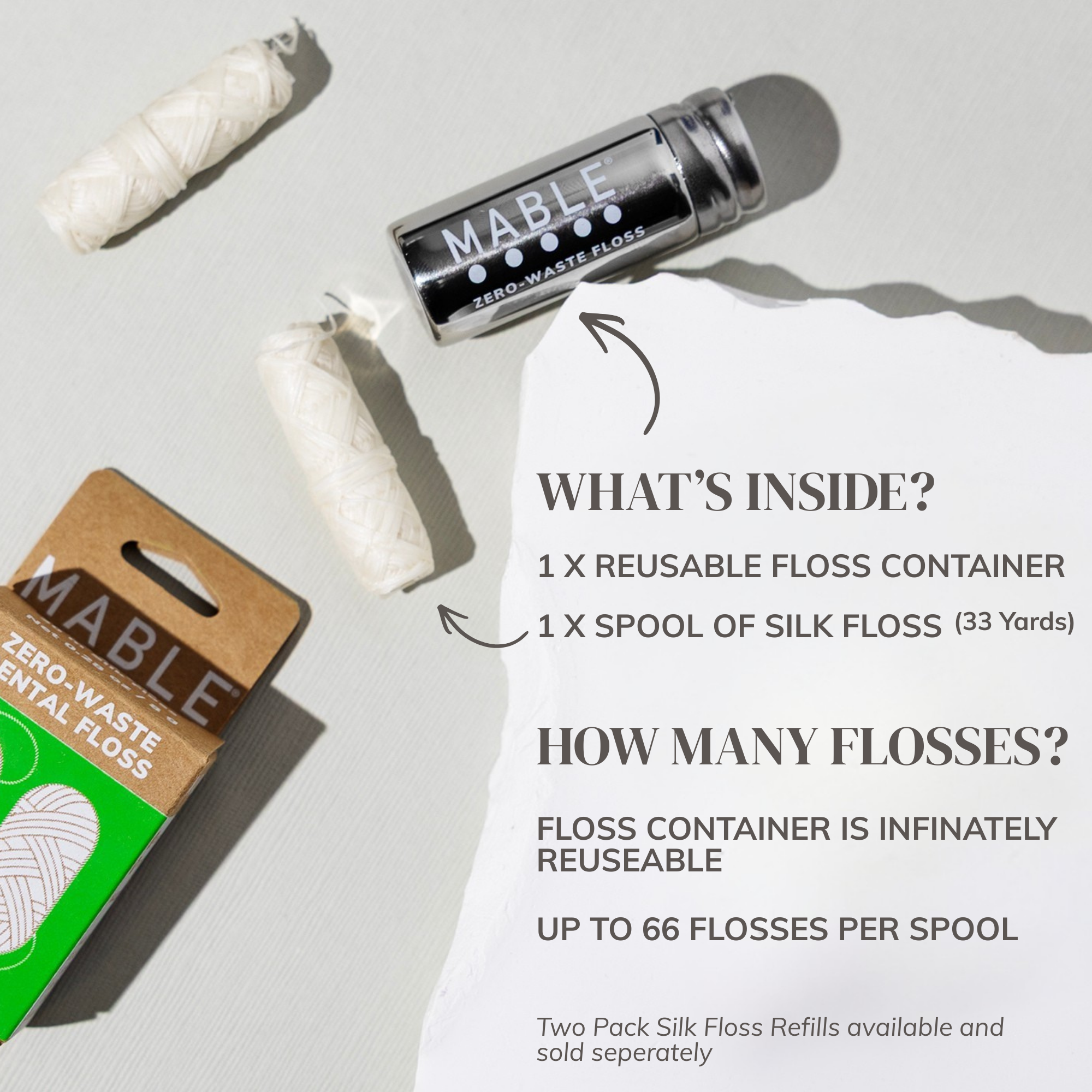Mable zero-waste dental floss set with packaging on a light background highlighting what comes. with the floss container, an edlessly refillable silk dental floss container and spool of floss that lasts up to 66 flosses