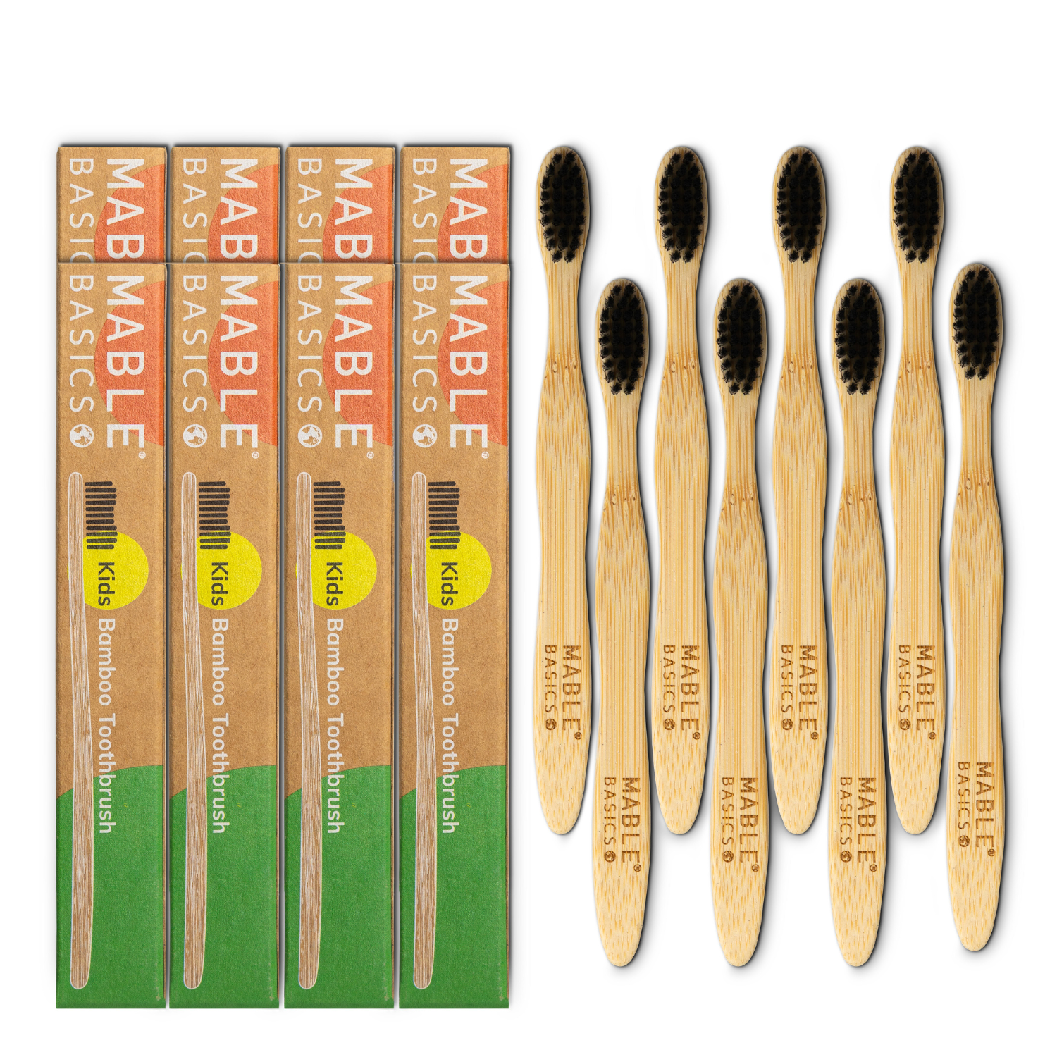 cheap and basic kids bamboo toothbrush in a bulk 8 pack packaged plastic-free with a biodegradable handle and castor-bean oil bristles by MABLE brush