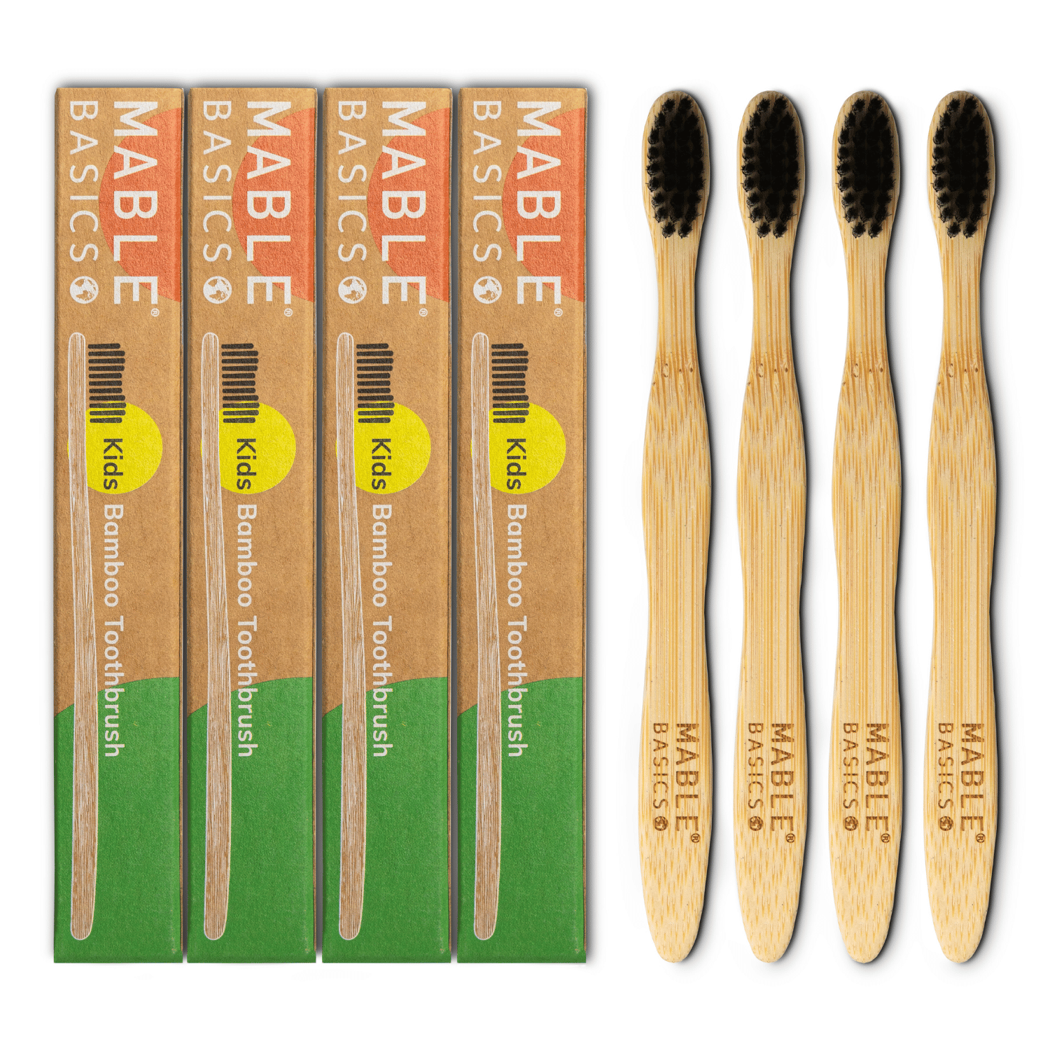 Basic Kids bamboo toothbrush with plant-based bristles derived from castor-bean oil and a compostable bamboo base in a value four pack