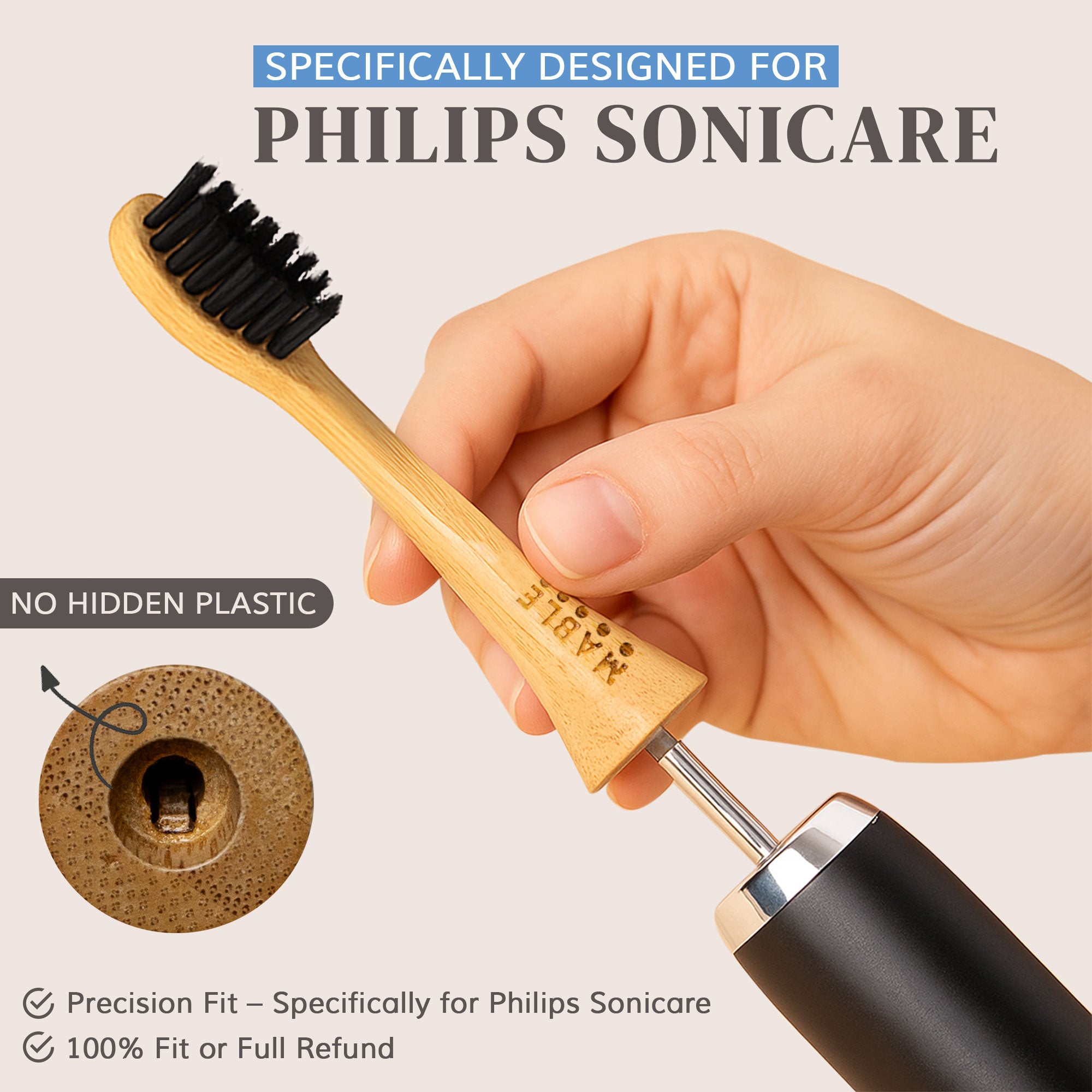 Bamboo electric toothbrush heads specifically designed for Phillips sonicare toothbrushes mans hand holding the best eco-friendly head showing no hidden plastic