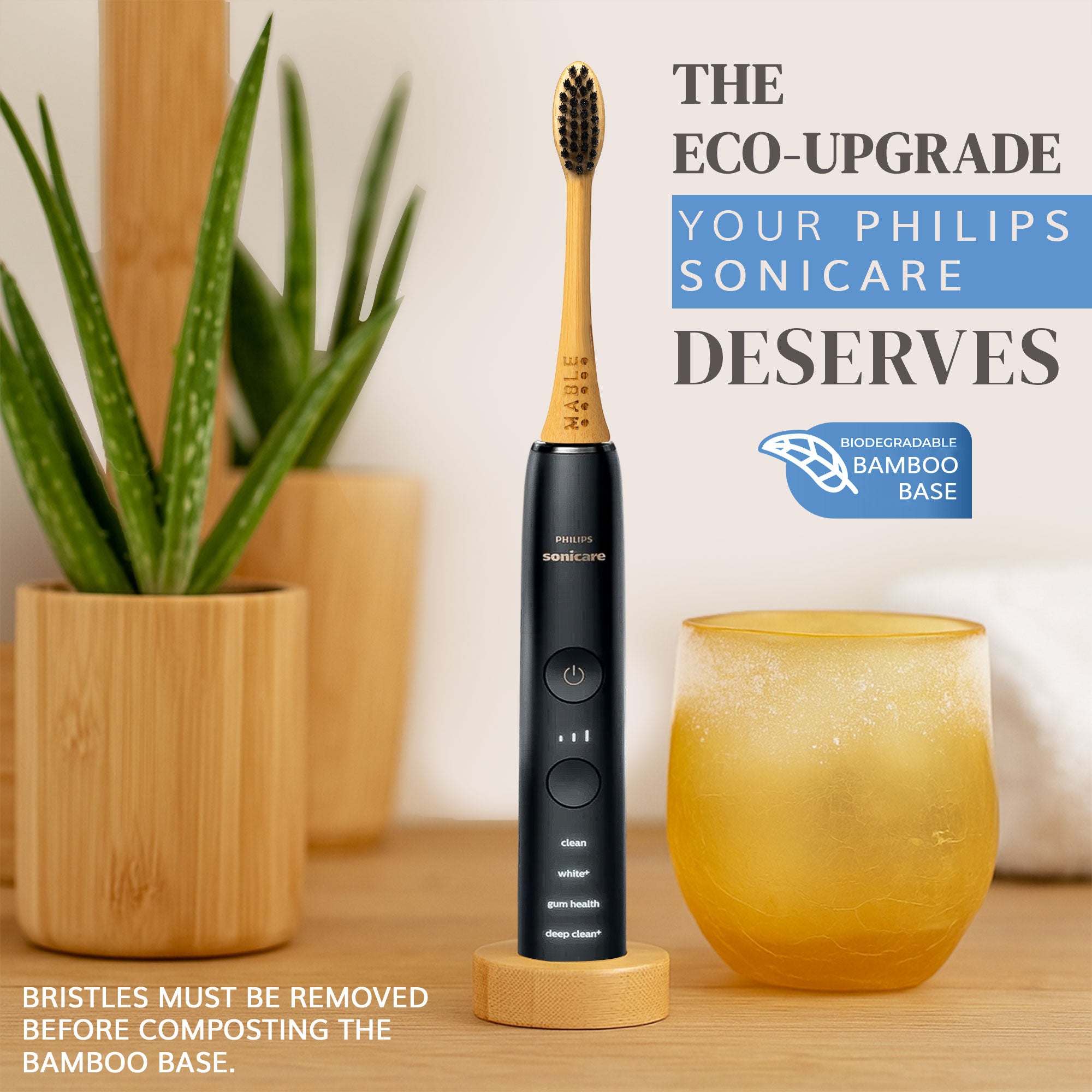 The eco upgrade your Phillips Sonicare deserves with a biodegradable bamboo base and plant-based bristles that can be removed before composting the base a natural minimal bathroom with a bamboo electric toothbrush head on a sonicare model