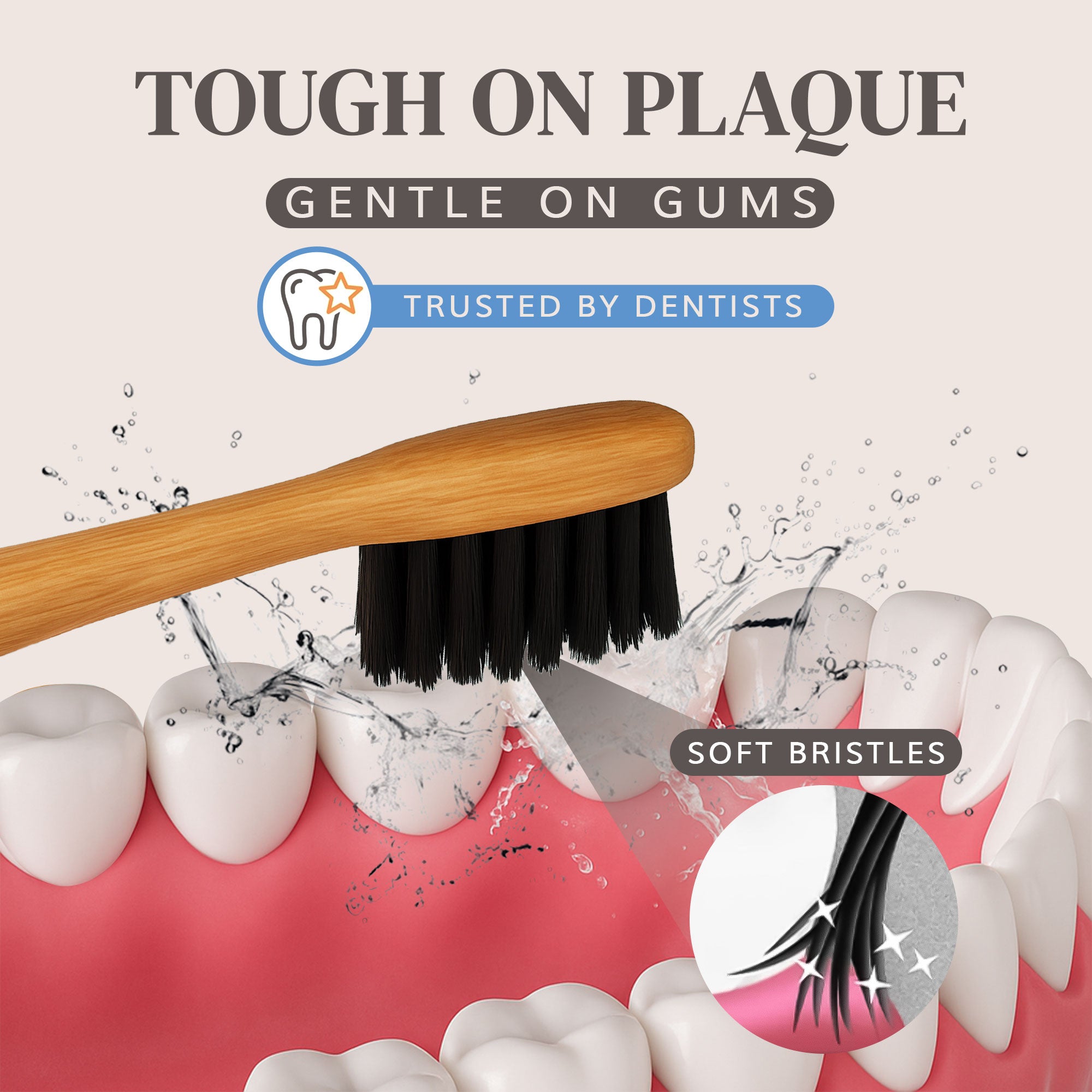 MABLE bamboo toothbrush brush with soft bristles cleaning teeth, labeled 'Tough on Plaque, Gentle on Gums', trusted by dentists.
