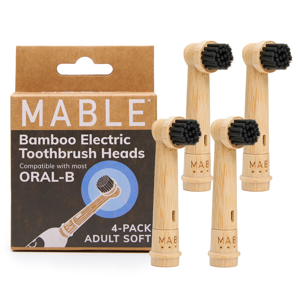 MABLE bamboo toothbrush heads for Oral-B, wooden electric head with compostable base on white background, adult four pack