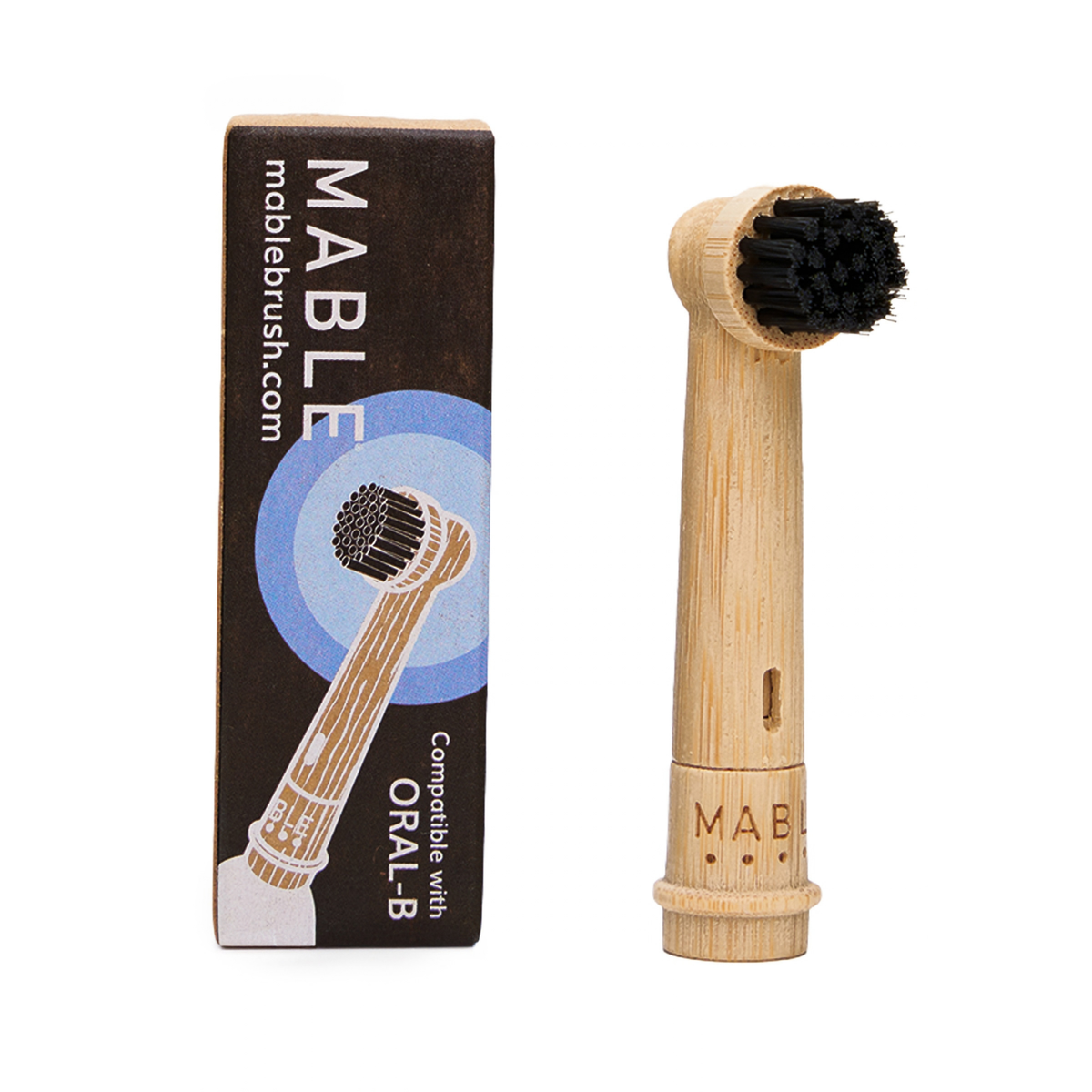 MABLE bamboo electric head for Oral-b rotating electric toothbrush on a white background with plastic-free packaging