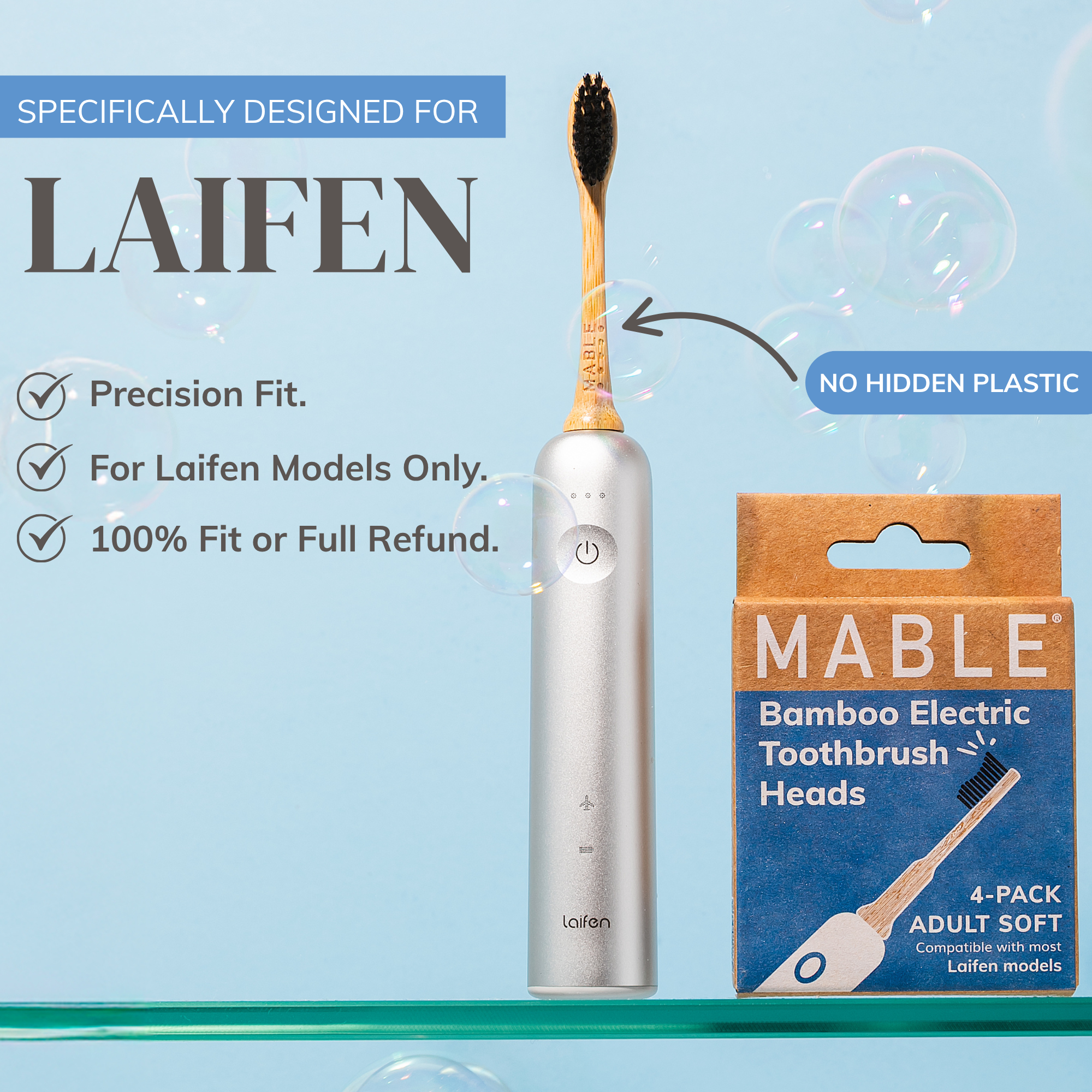 Mable Bamboo Electric Toothbrush Heads packaging with Laifen toothbrush on a light blue background with bubbles and text highlighting precision fit, for Laifen models only, no hidden plastic