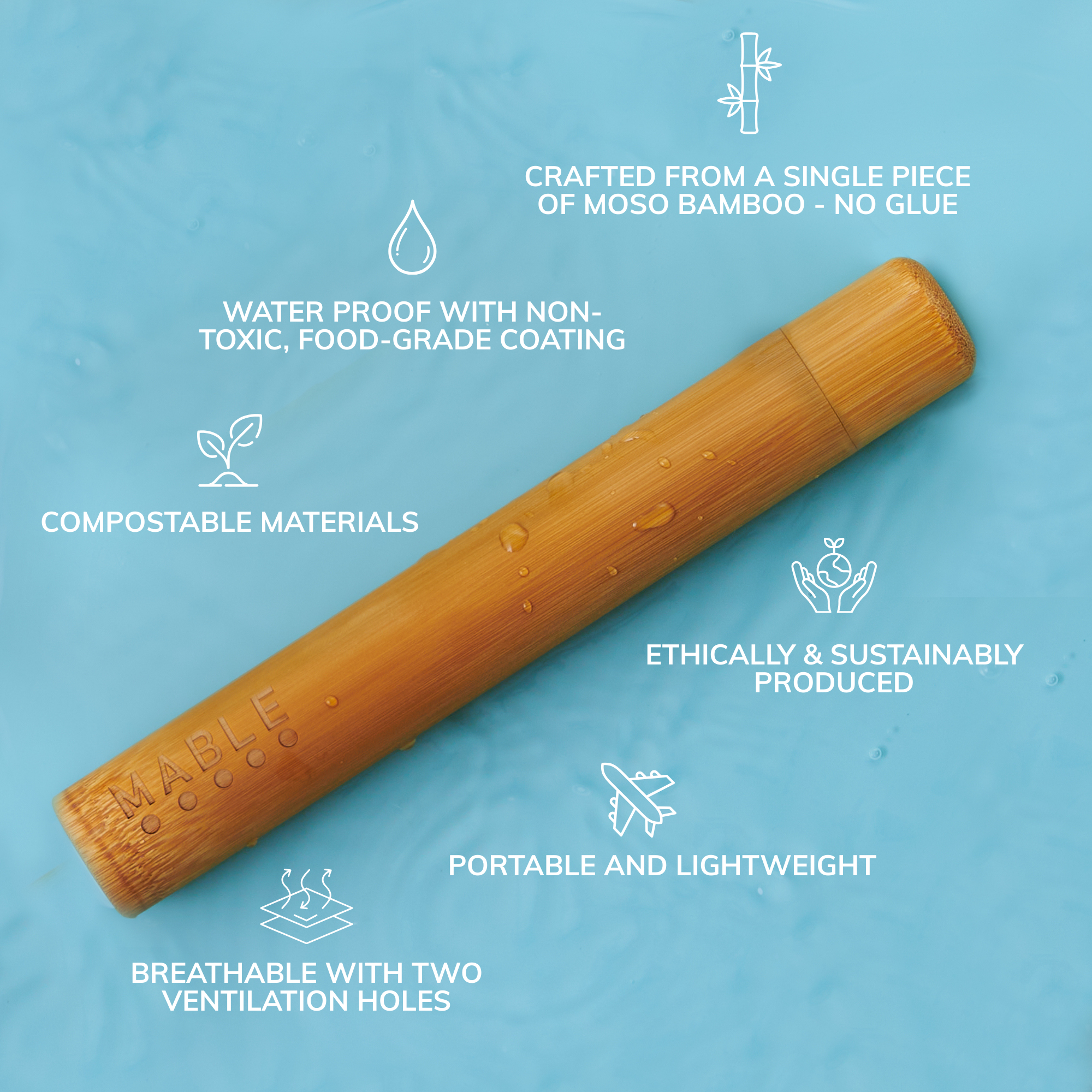 The best bamboo toothbrush travel case by MABLE on a blue background with water splashes and ripples and text highlighting features
