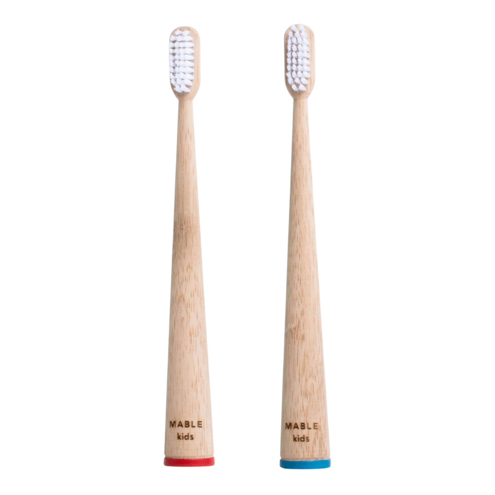 MABLE® self-standing toothbush 2 pack: 100% Compostable handles, 1 red and 1 blue toothbrushes printed with soy based inks. These self-standing toothbrushes will free you from plastic and unnecessary brush holders or clutter. Plastic-free packaging, Non-toxic and BPA-free Nylon® bristles.