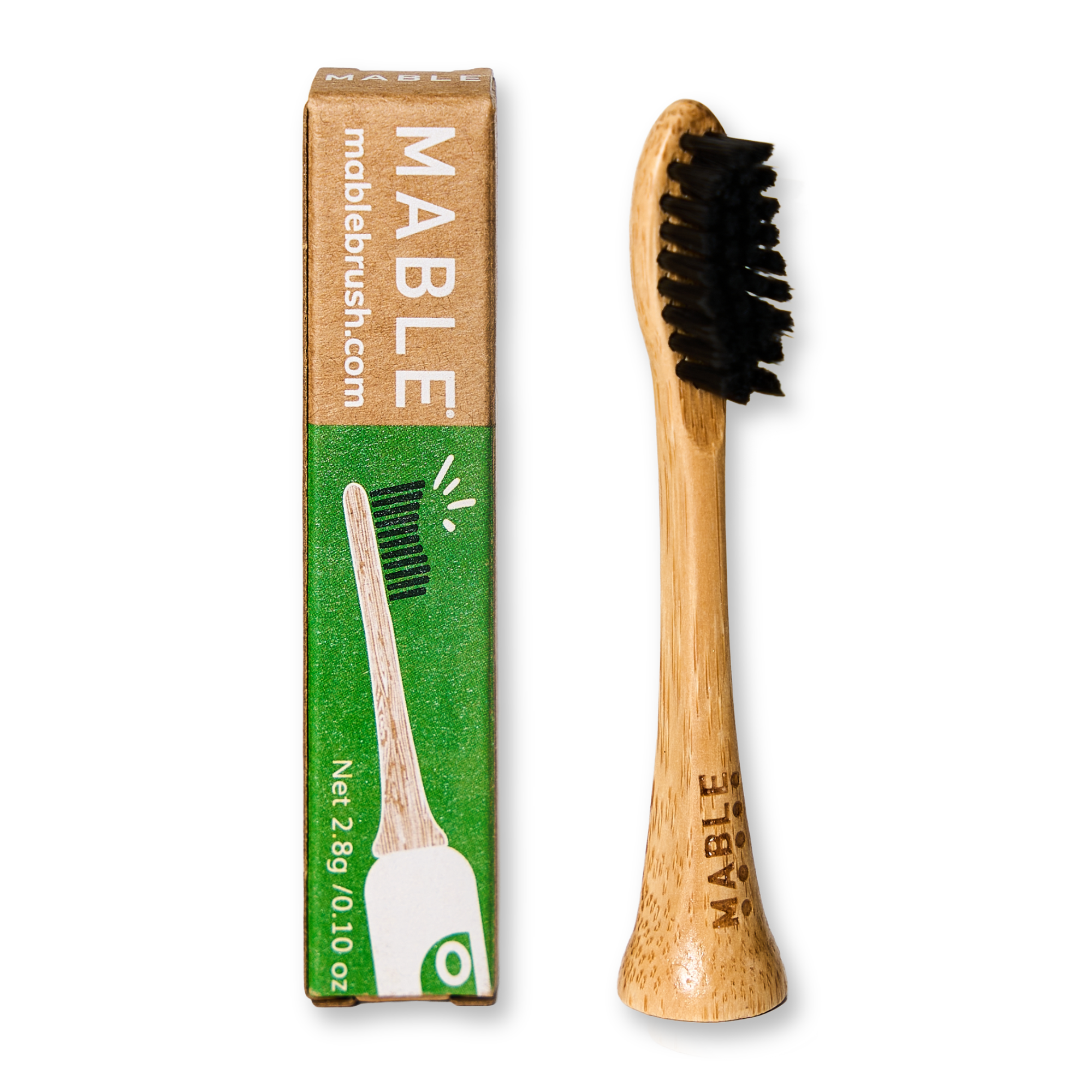 MABLE Electric toothbrush head compatible with Phillips One toothbrush, Electric toothbrush head made from bamboo with plant-based castor bean oil bristles, Soft bristle adult one pack in a green white and brown plastic-free packaging on a white background