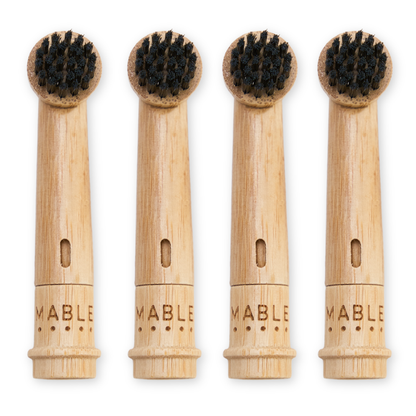 MABLE bamboo toothbrush heads for Oral-B, wooden electric head with compostable base on white background, adult four pack