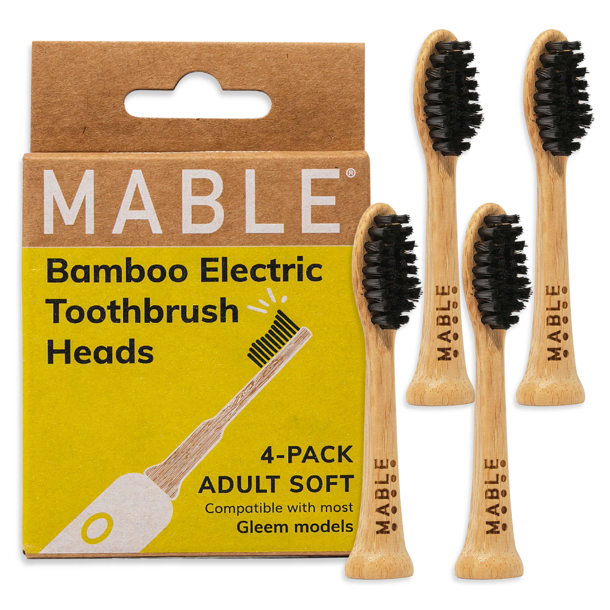 Mable Bamboo Electric Toothbrush Heads packaging with four toothbrush heads on a white background compatible with Gleem electric models