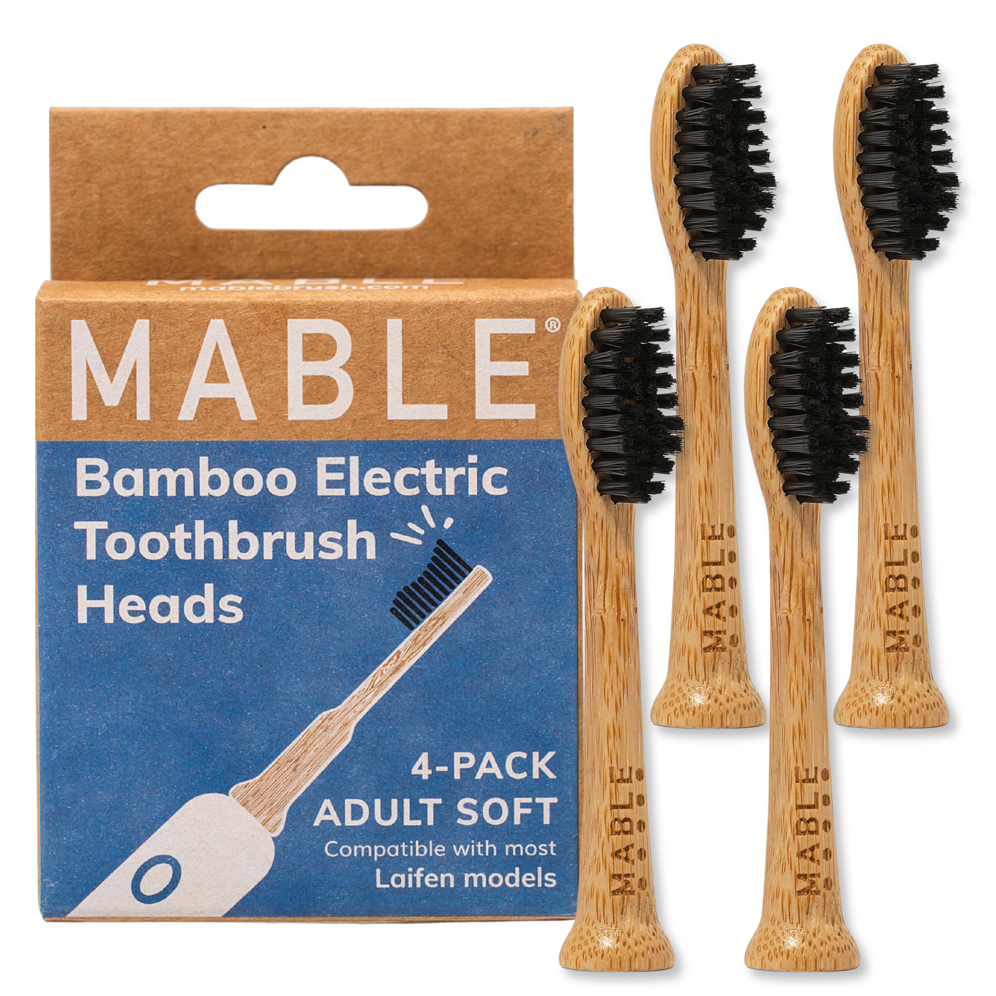 Mable Bamboo Electric Toothbrush Heads packaging with four toothbrush heads on a white background compatible with Laifen electric models