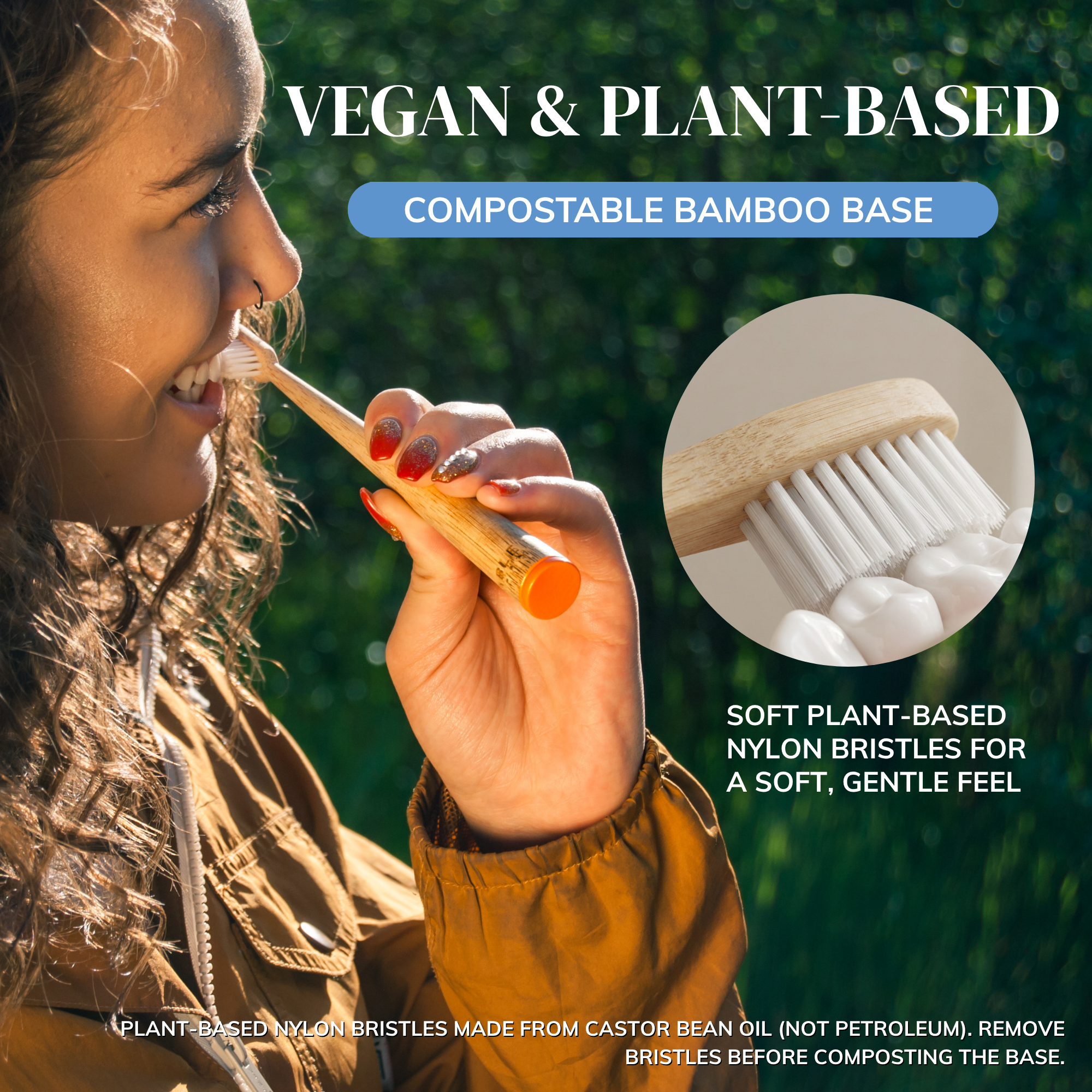 MABLE bamboo toothbrush is plant based  and vegan with a compostable base. A woman holds a smooth bamboo toothbrush and text reads "soft plant-based bristles for a soft, gentle feel"