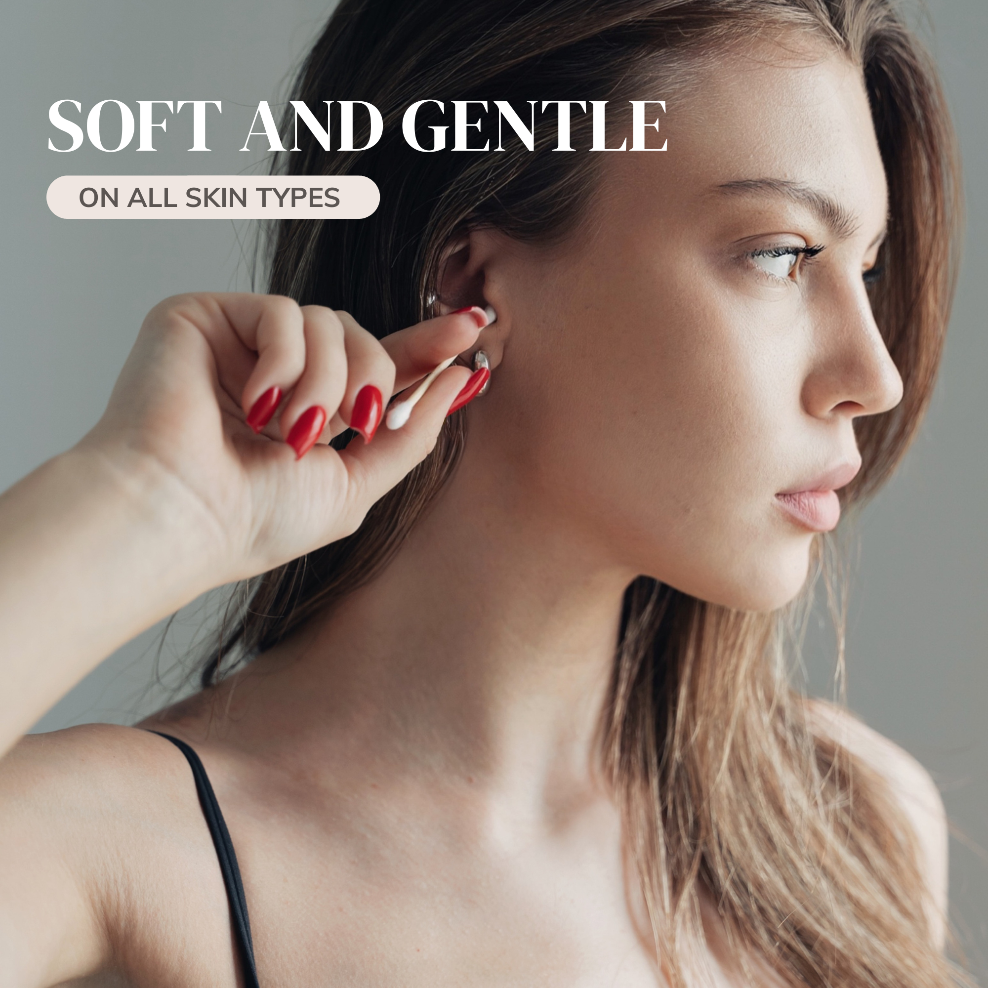 MABLE bamboo cotton swabs being held by a female with the words soft and gentle on all skin types