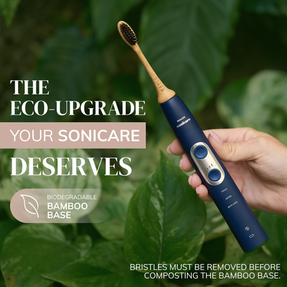 An eco upgrade for your Sonicare toothbrush, switch from plastic to a bamboo head to reduce microplastic exposure, female hand holding an electric toothbrush with a MABLE sustainable bamboo head