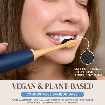 MABLE Bamboo toothbrush heads for Sonicare electric brush are vegan and plant-based with a compostable base, woman brushing her teeth with an eco-friendly MABLE head