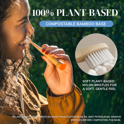 MABLE bamboo toothbrush is 100% plant based with a compostable base. A woman holds a smooth bamboo toothbrush and text reads "soft plant-based bristles for a soft, gentle feel"
