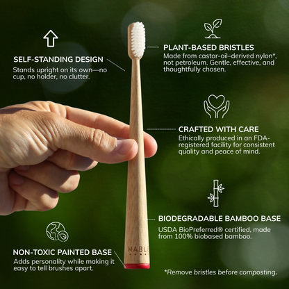 Hand holding a MABLE bamboo toothbrush with green background and text highlighting features like self standing design, plant-based bristles, crafted with care, biodegradable bamboo, non-toxic painted base