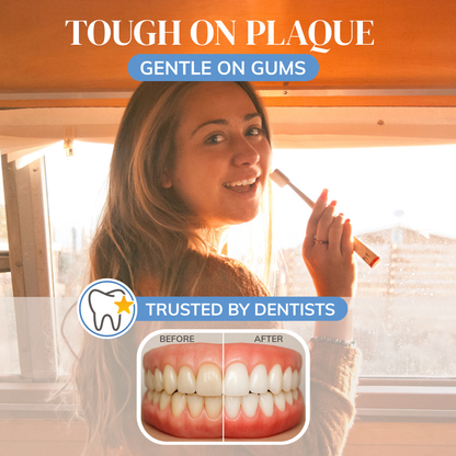 Woman using MABLE bamboo toothbrush  with text 'Tough on Plaque, Gentle on Gums' and 'Trusted by Dentists'. With a before and after picture showing how MABLE natural toothbrush works on cleaning teeth effectively. 