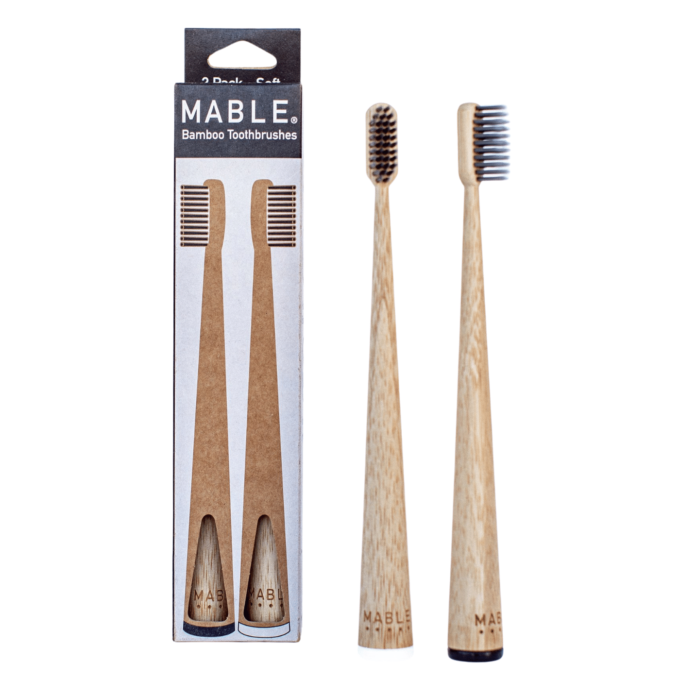 Mable toothbrush packs - Two pack charcoal toothbrushes: Two of our elegant, ergonomic, self-standing bamboo toothbushes in black and white. Soft bristles infused with 5% charcoal, which naturally helps detoxify and whiten your teeth.