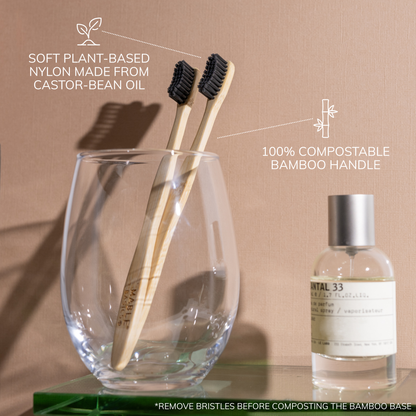 MABLE Basics, MABLE bamboo Toothbrush with castor oil bristles and a compostable bamboo base, plastic toothbrush alternative, affordable bamboo toothbrush, bamboo toothbrushes on a tan backdrop in a bathroom setting 