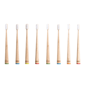 Stock up on the esssentials and save with our MABLE® Eight Pack of bamboo toothbrushes. Perfect for families, hosting extra house guests and travel.  Two sizes available, adults or kids with soft bristles and compostable, bamboo handle.