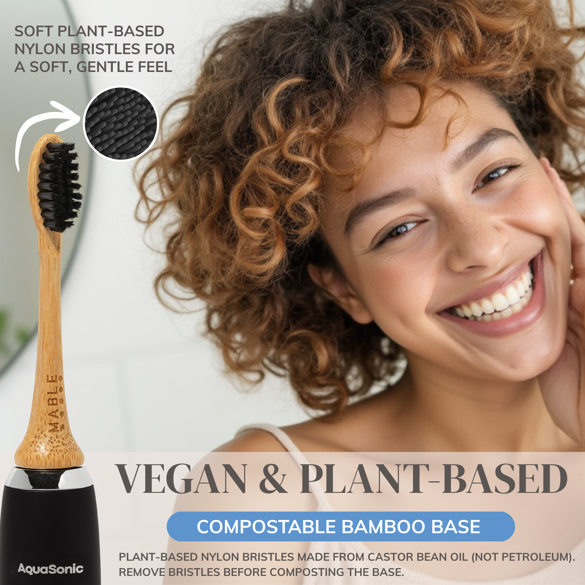 MABLE Bamboo electric toothbrush head with a woman smiling, highlighting plant-based and compostable features.
