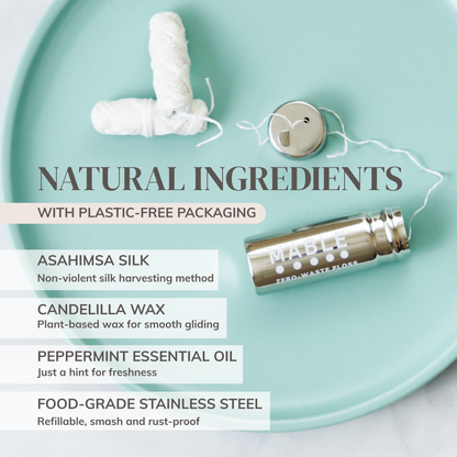 MABLE silk dental floss in a refillable container with natural ingredients and plastic-free packaging on a light blue plate.