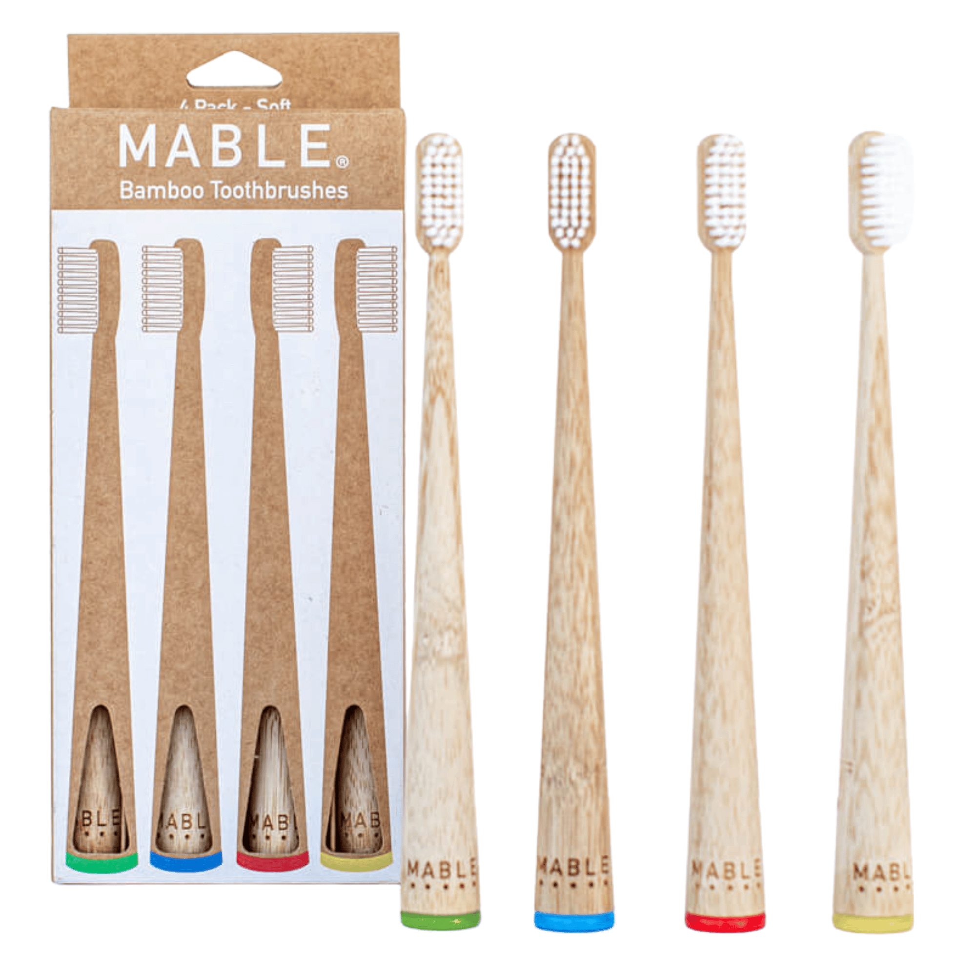 MABLE® Four Pack bamboo toothbrushes: Contain four of our ergonomic, self-standing bamboo toothbrushes. Four packs available in adult and kids size: Get a pack of bamboo toothbrushes for Kids: they're naturally anti-bacterial and water resistant. The handles are 100% compostable and certified by the USDA as 100% biobased. Made from sustainably harvested bamboo certified by the FSC.