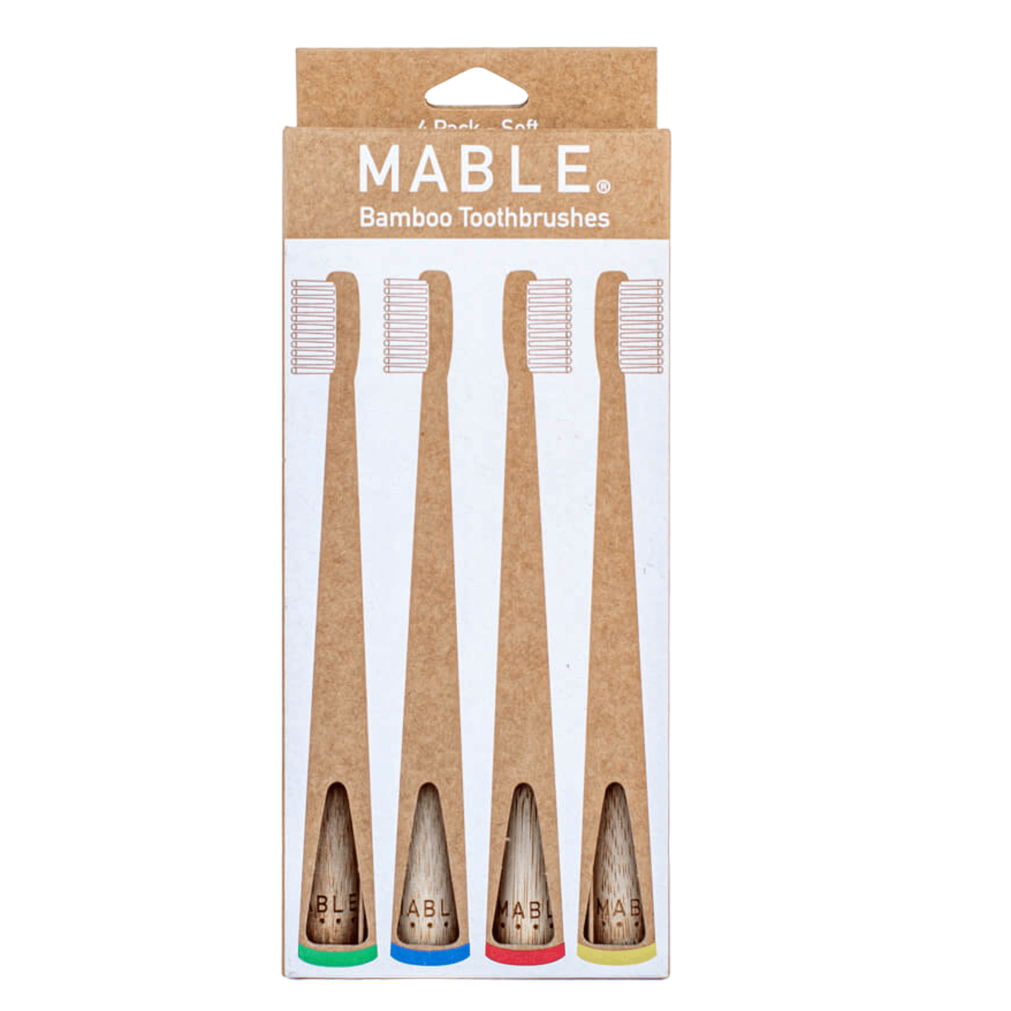 MABLE® Four Pack bamboo toothbrushes: Contain four of our ergonomic, self-standing bamboo toothbrushes. Four packs available in adult and kids size: Get a pack of bamboo toothbrushes for Kids: they're naturally anti-bacterial and water resistant. The handles are 100% compostable and certified by the USDA as 100% biobased. Made from sustainably harvested bamboo certified by the FSC.