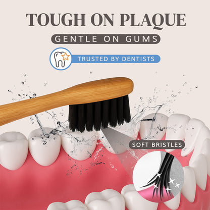 MABLE Dental brush with soft bristles cleaning teeth, labeled 'Tough on Plaque, Gentle on Gums', trusted by dentists.