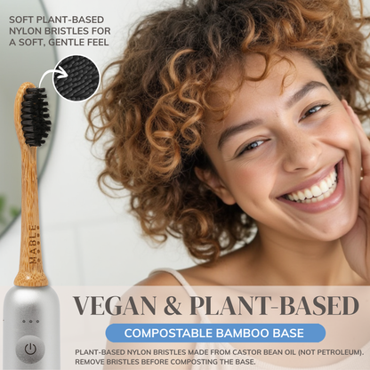MABLE Bamboo toothbrush head with plant-based bristles on a Laifen electric toothbrush  next to a smiling woman, emphasizing its eco-friendly features. vegan and  plant-based toothbrush, compostable bamboo base and nylon bristles made from castor bean oil